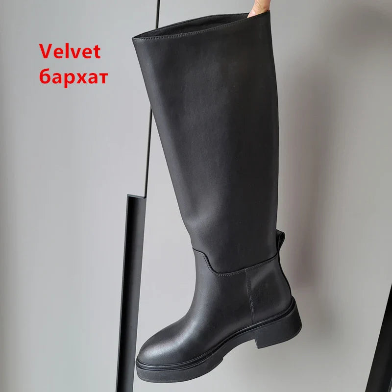FEDONAS Women's Genuine Leather Knee High Boots with Thick Heel - Warm Winter Riding Boots for Autumn & Winter - Perfect for Motorcycle Riding, Office Wear & Cold Weather Fashion