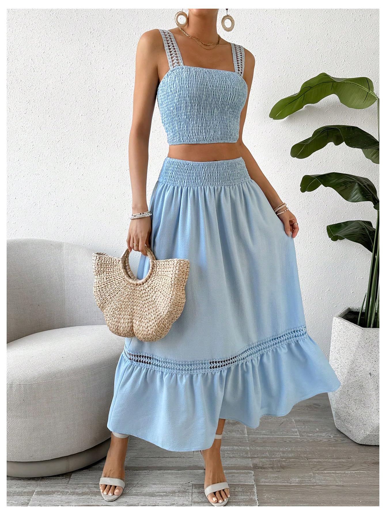 SweatyRocks Women's Summer Outfit Set - Floral Print Shirred Crop Camisole Top & Ruffled Hem Skirt 2 Piece Set | Casual Beach Wear, Vacation Outfits, Date Night Dresses