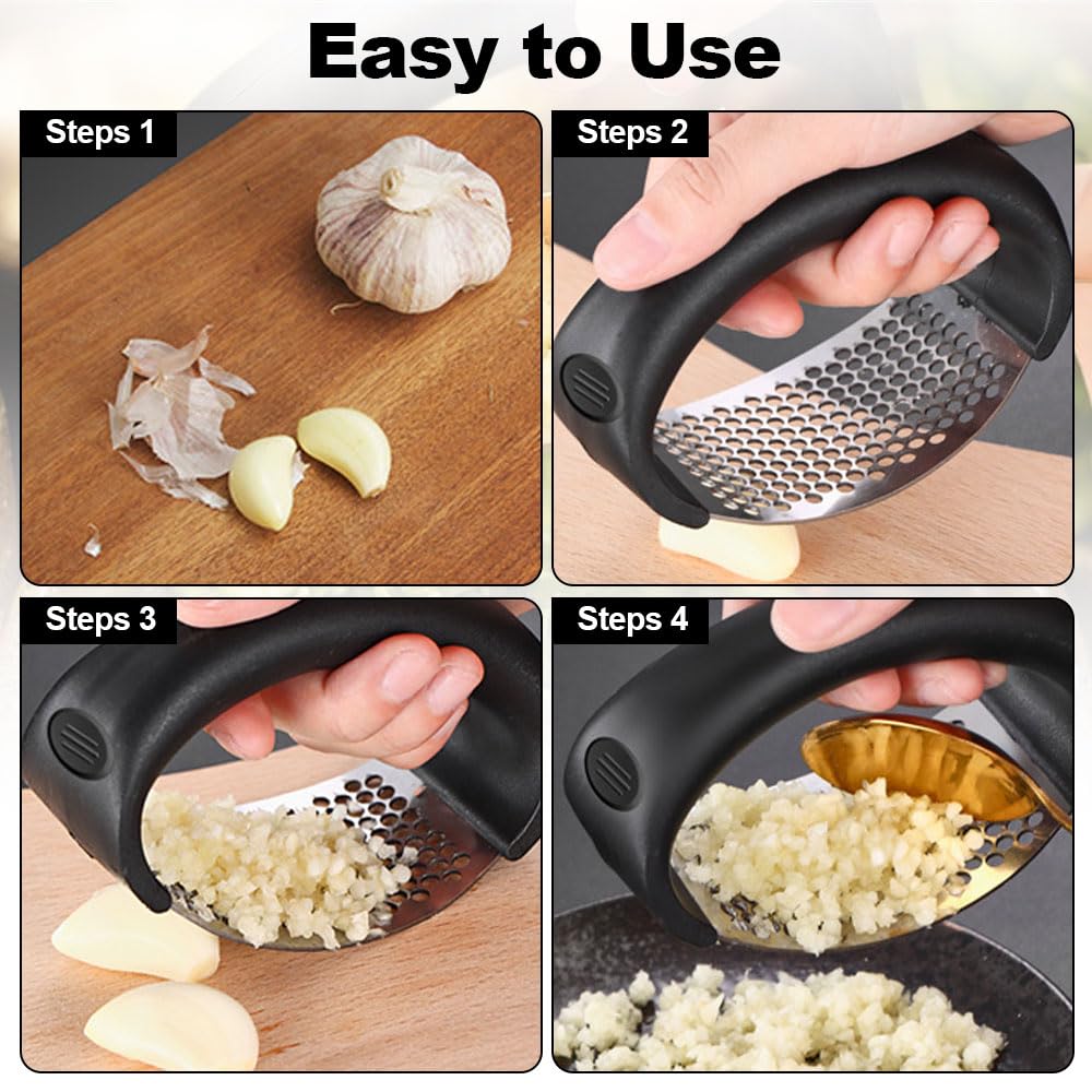 2024 Upgraded Stainless Steel Garlic Press Rocker - Heavy Duty Garlic Crusher & Masher with Peeling Drum - Professional Kitchen Gadget for Chopping, Mincing Garlic - Perfect for Home Cooking, Restaurants & Meal Prep (Gray, 1pc)