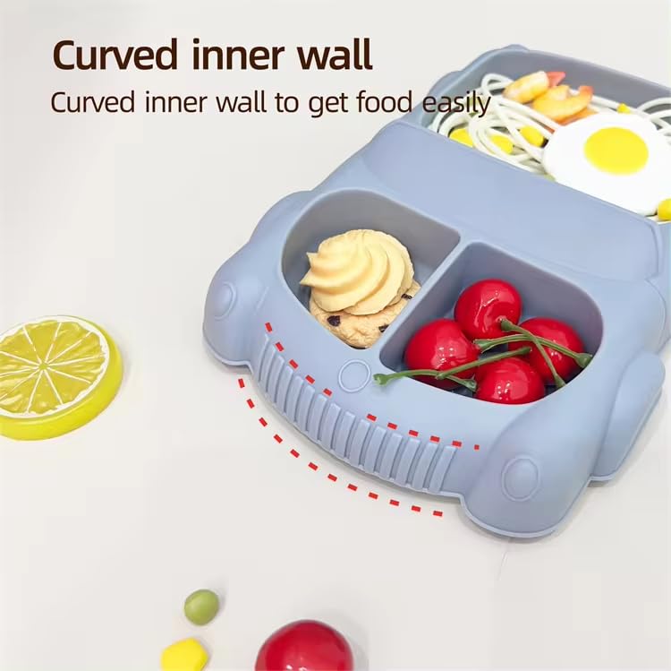 3-Piece Silicone Suction Car-Shaped Baby Plate with Spoon & Fork Set - BPA-Free, Dishwasher & Microwave Safe - 100% Food Grade for Infants & Toddlers (Dark Blue) - Perfect for Mess-Free Mealtime, Travel & Daycare Use