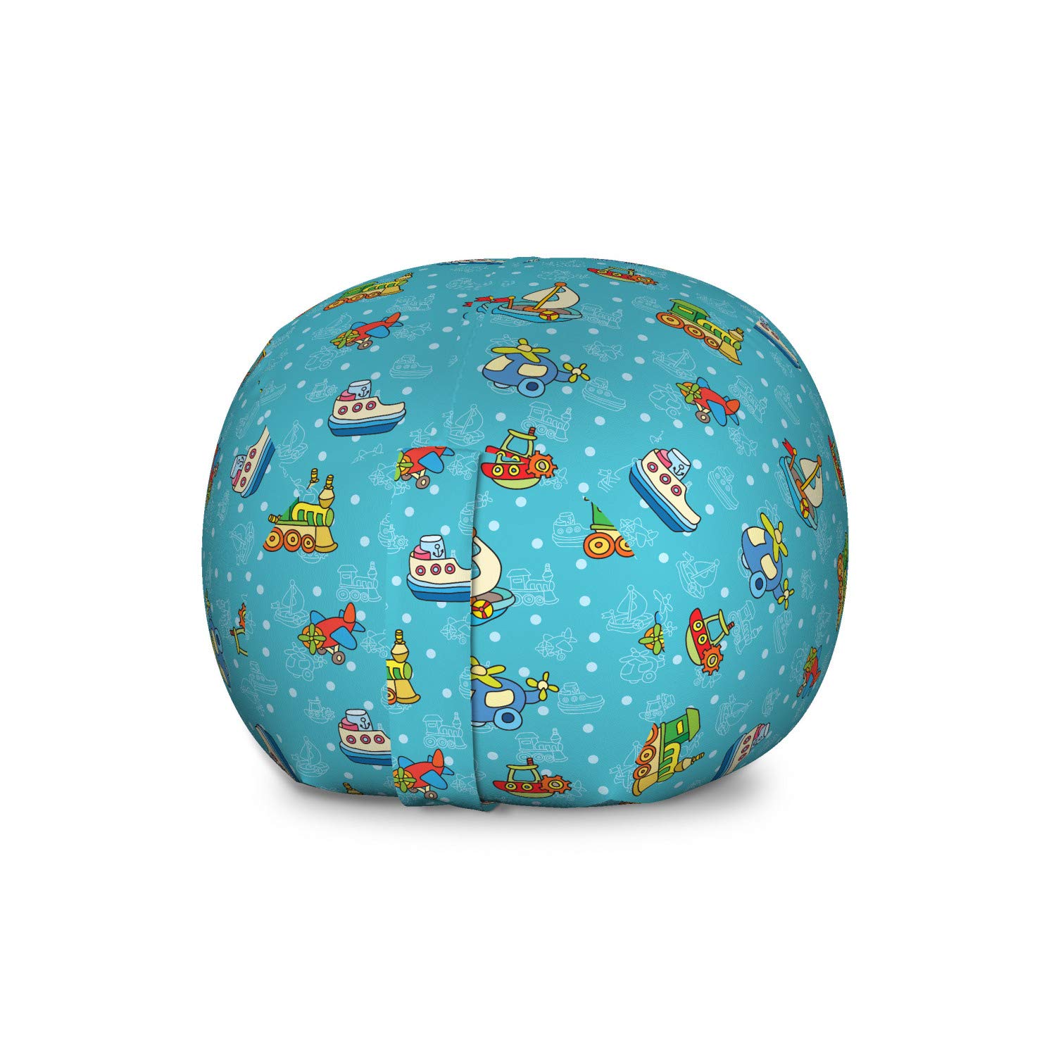 Ambesonne Airplane Themed Toy Storage Bag Chair - Colorful Cartoon Design with Boats, Planes & Trains on Blue Background - Large Washable Stuffed Animal Organizer for Kids' Room, Playroom & Nursery Decor