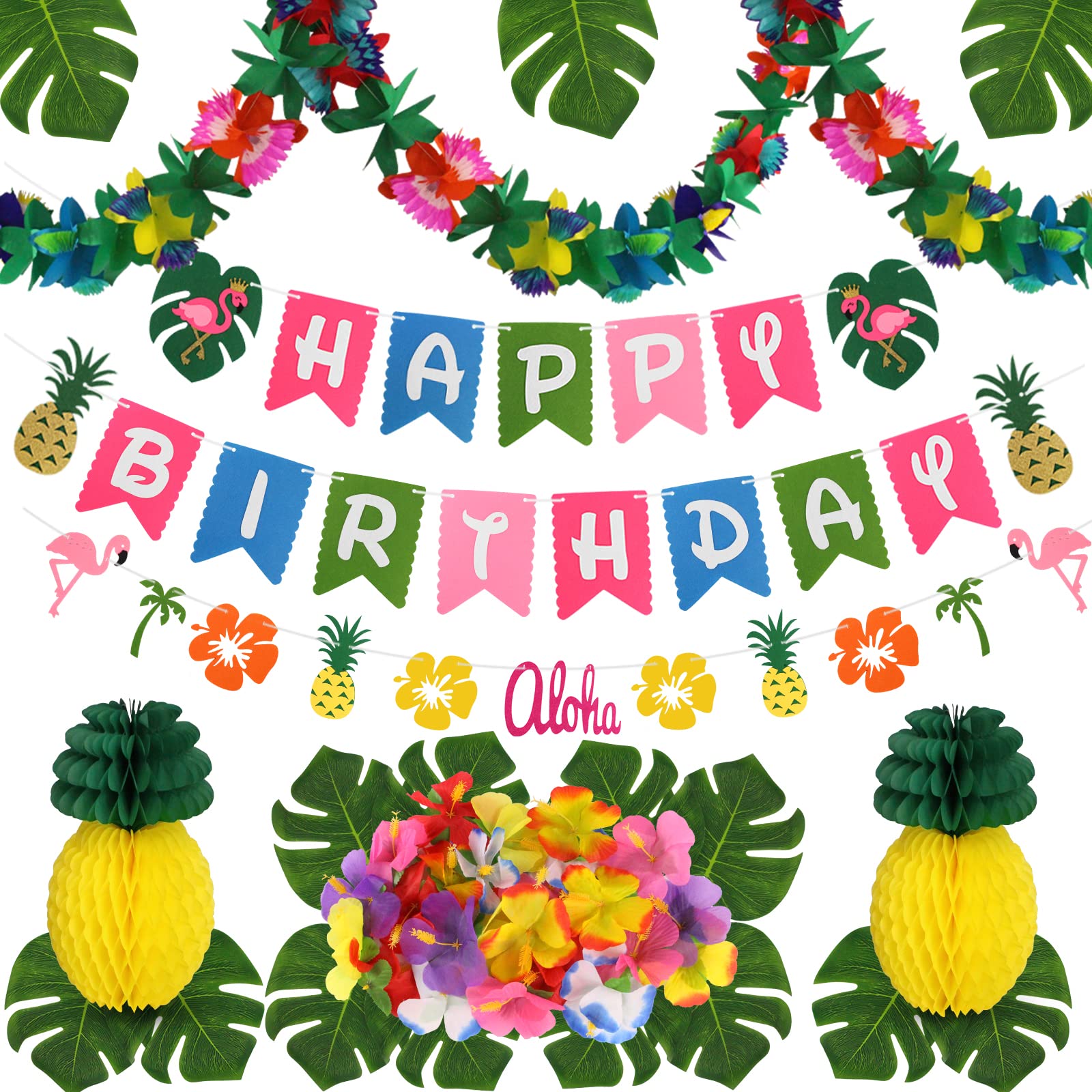 Luau Party Decorations Kit - Hawaiian Birthday Banner, Palm Leaves, Hibiscus Flowers, Paper Pineapples & Tropical Garland for Summer Beach, Moana or Tropical Theme Party Decorations | Perfect for Luau Birthday, Hawaiian Themed Events & Beach Weddings
