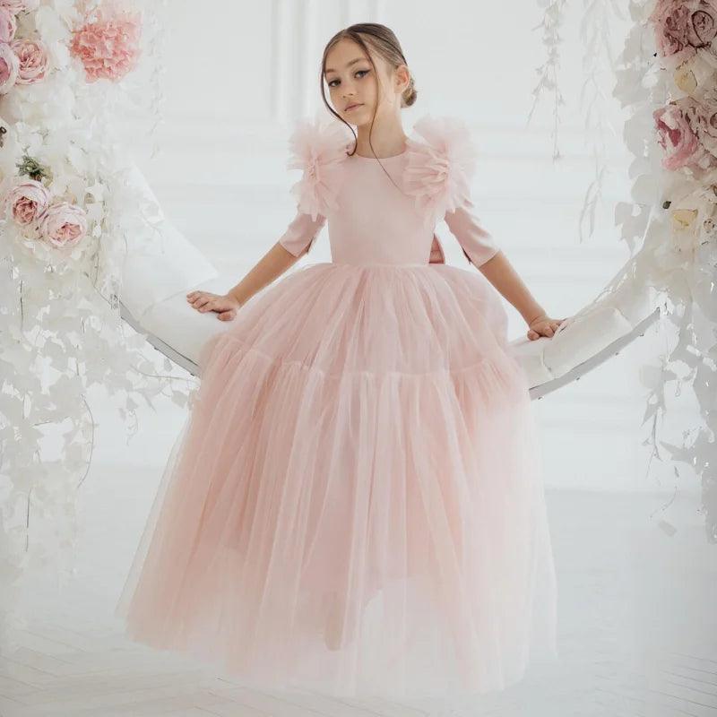Pink Feather V-Back Flower Girl Dress for Weddings, Pageants & Special Occasions - Elegant & Comfortable Toddler Gown