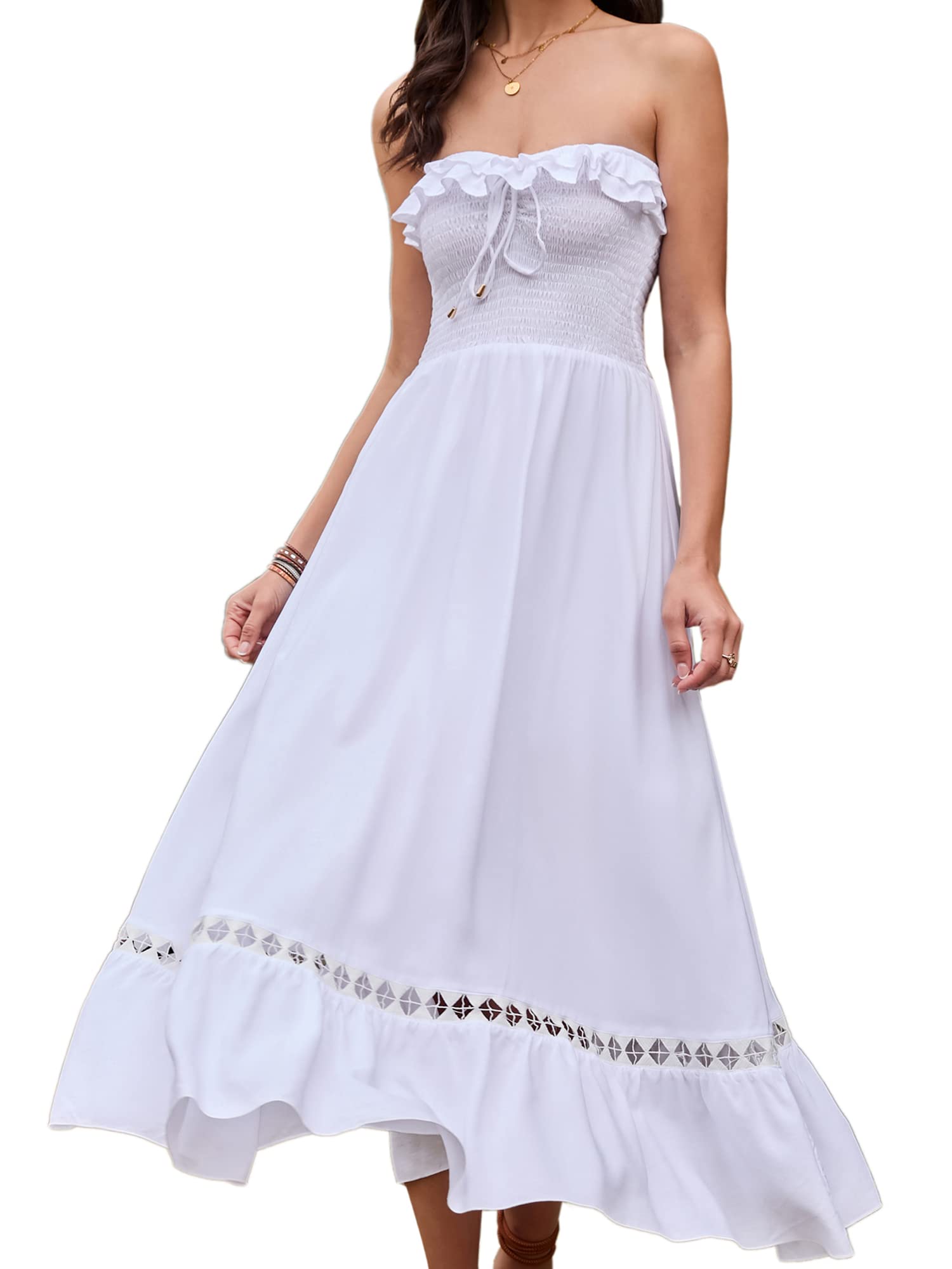 Women's Summer Strapless Tube Top Boho Maxi Dress - Flowy Beach Cover Up, Casual Sundress for Vacation & Music Festivals