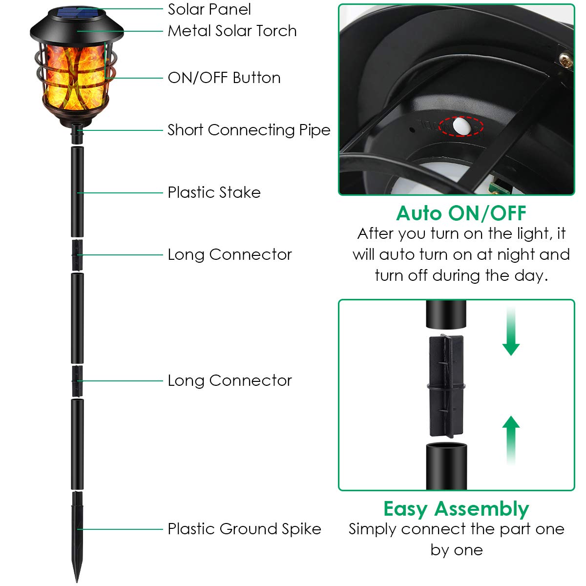 TomCare Solar Metal Flickering Flame Torches - Waterproof Outdoor Solar Pathway Lights with Auto On/Off, Dusk to Dawn Operation - Heavy Duty Landscape Lighting for Garden, Patio, Walkway (4 Pack) - Perfect for Backyard, Driveway, Poolside Decor