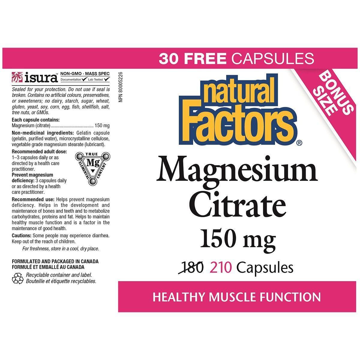 Natural Factors Magnesium Citrate 150mg - 210 Capsules for Muscle Relaxation, Sleep Support & Heart Health - Dietary Supplement for Stress Relief & Bone Strength