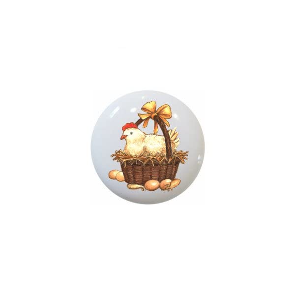 Decorative Ceramic Chicken Egg Knobs - Farmhouse Rooster Hen Chick Cabinet Pulls for Dresser Drawer - Perfect for Country Kitchen, Bathroom Vanity & Vintage Furniture Hardware