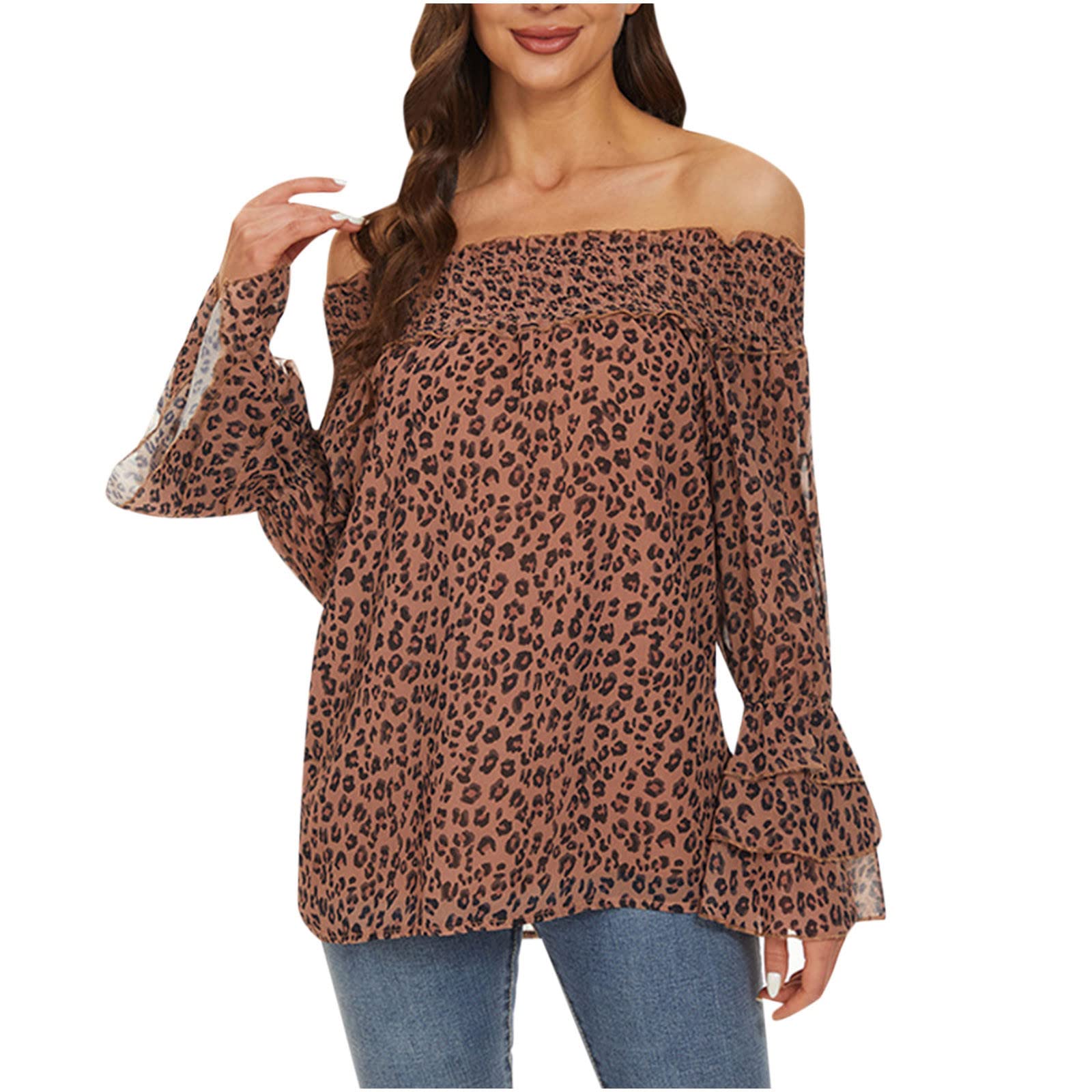 FFCC Women's Off Shoulder Ruffle Long Sleeve Blouse - Casual Loose Fit T-Shirt Top for Date Night & Summer Outings
