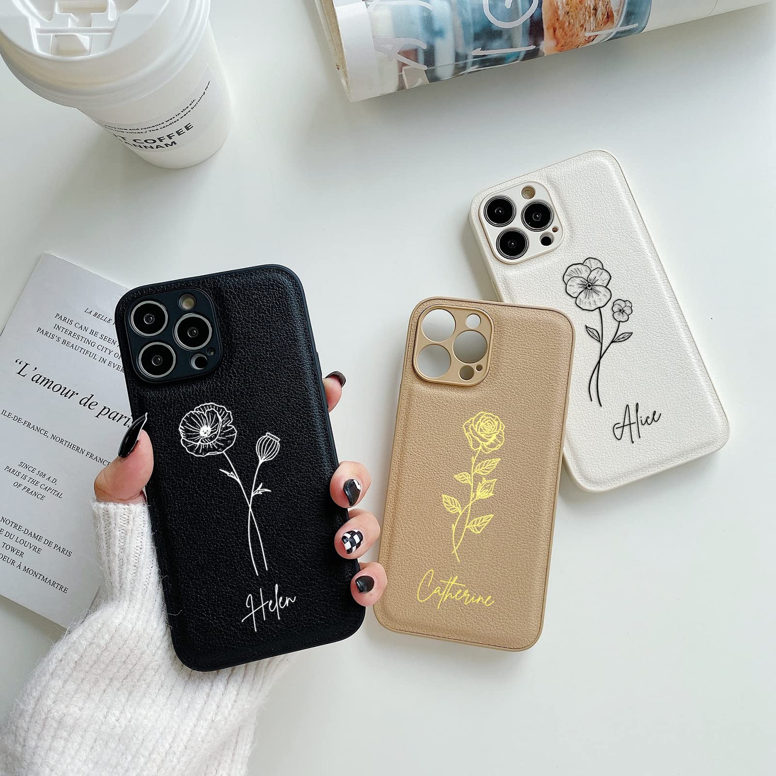 Personalized Leather iPhone Case with Birth Flowers & Name - Custom Monogram Phone Cover for iPhone 13 Pro Max/12/11/X/10/7/8 - Unique Bridesmaid Gifts, Wedding & Birthday Presents for Her - Perfect for Special Occasions & Everyday Use