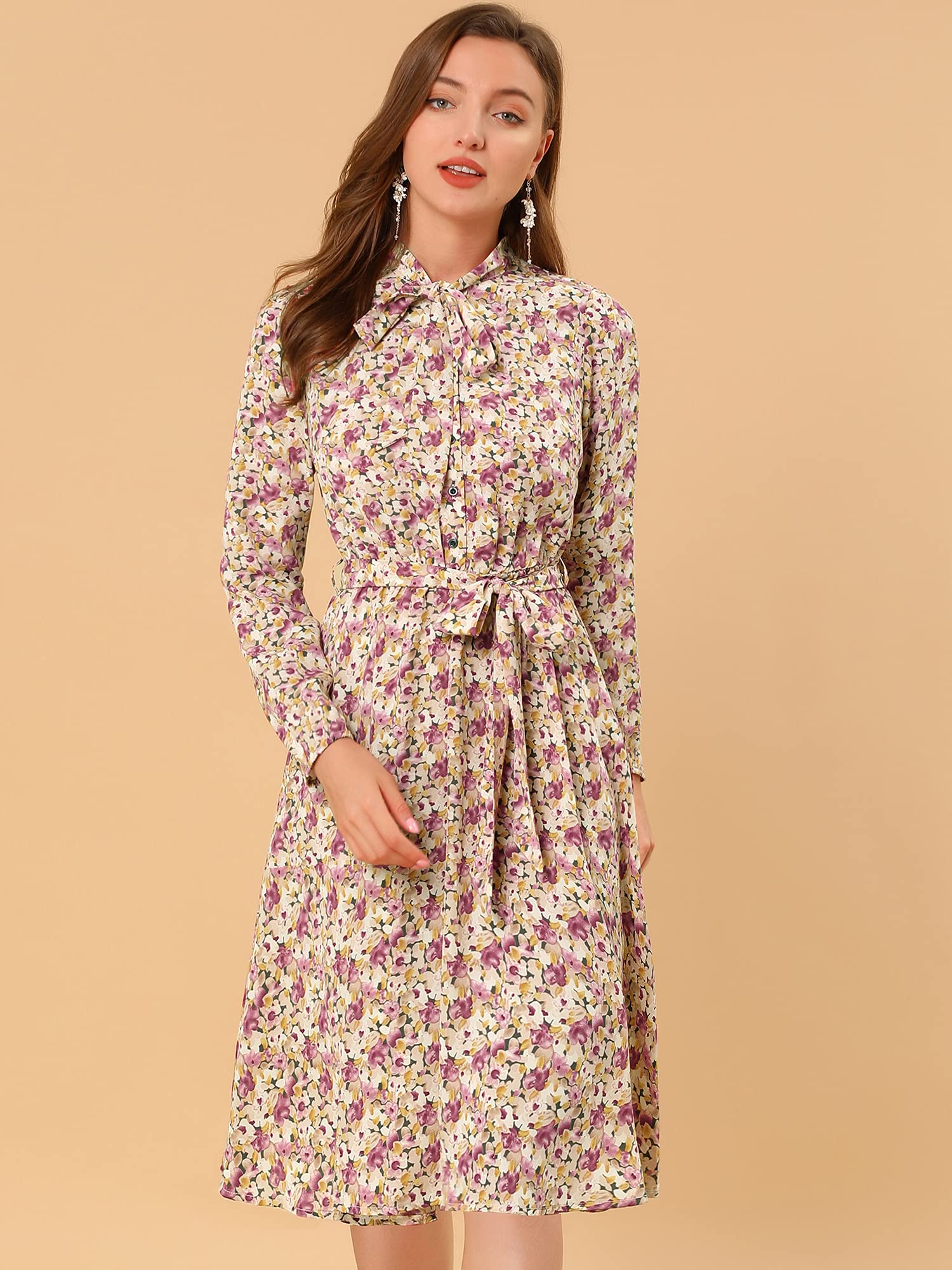 Allegra K Women's Vintage Floral Chiffon Dress with Tie Neck, Long Sleeves & Belt - Elegant Office Wear & Special Occasion Outfit
