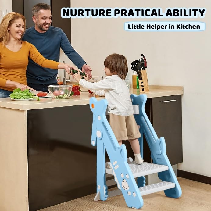Foldable Adjustable Height Toddler Kitchen Step Stool - Safe Standing Tower Helper for Kids Cooking & Learning - Perfect for Baking, Washing Hands & Countertop Activities