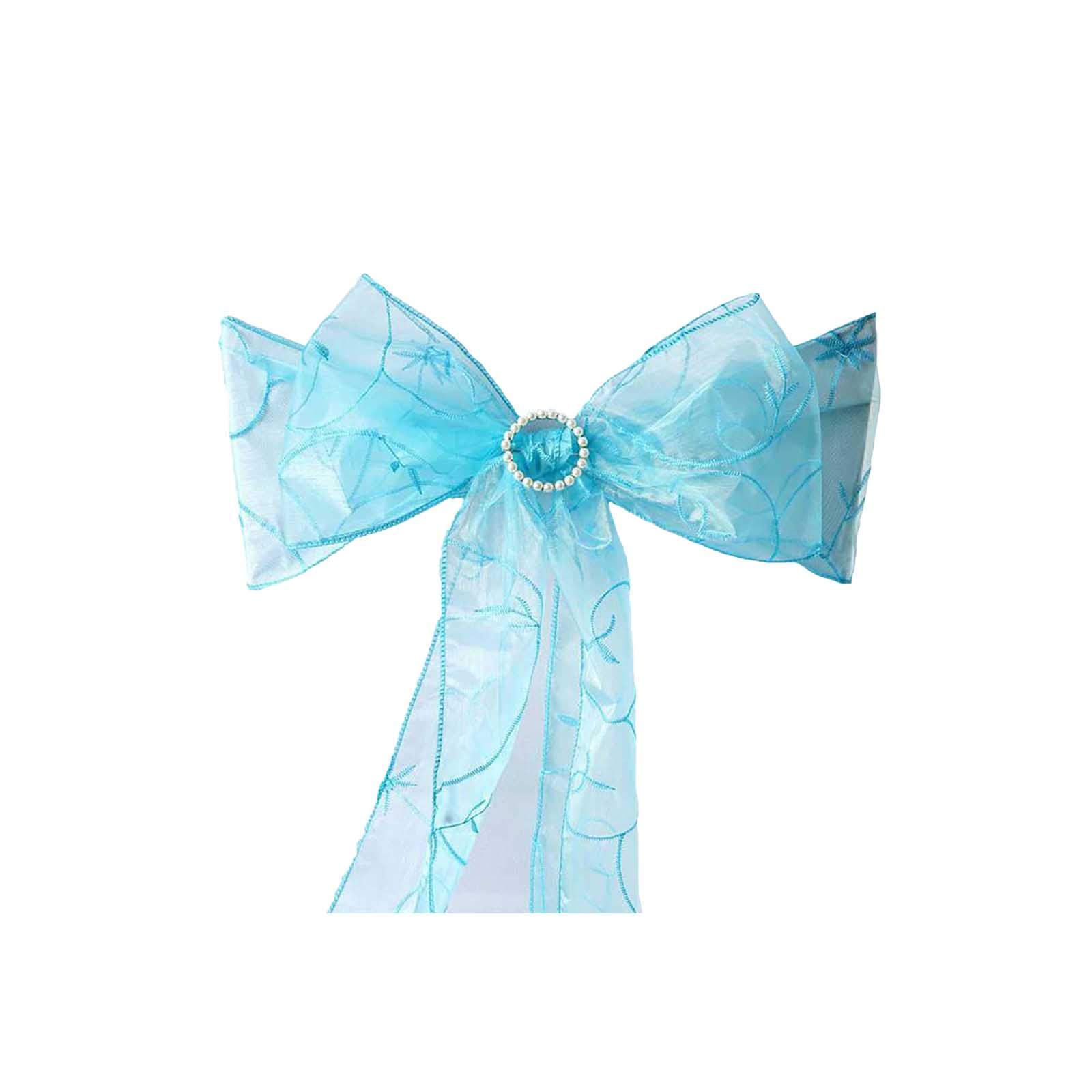 BalsaCircle 10 Turquoise Fancy Embroidered Sheer Organza Chair Sashes & Bows - Wedding Decor, Bridal Shower, Party Ceremony & Reception Chair Ties for Banquet Decorations
