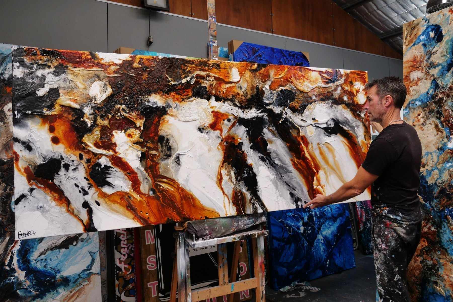 240cm x 100cm Rust Black White Textured Abstract Painting - Granite & Rust Inspired Wall Art for Modern Living Room & Office Decor