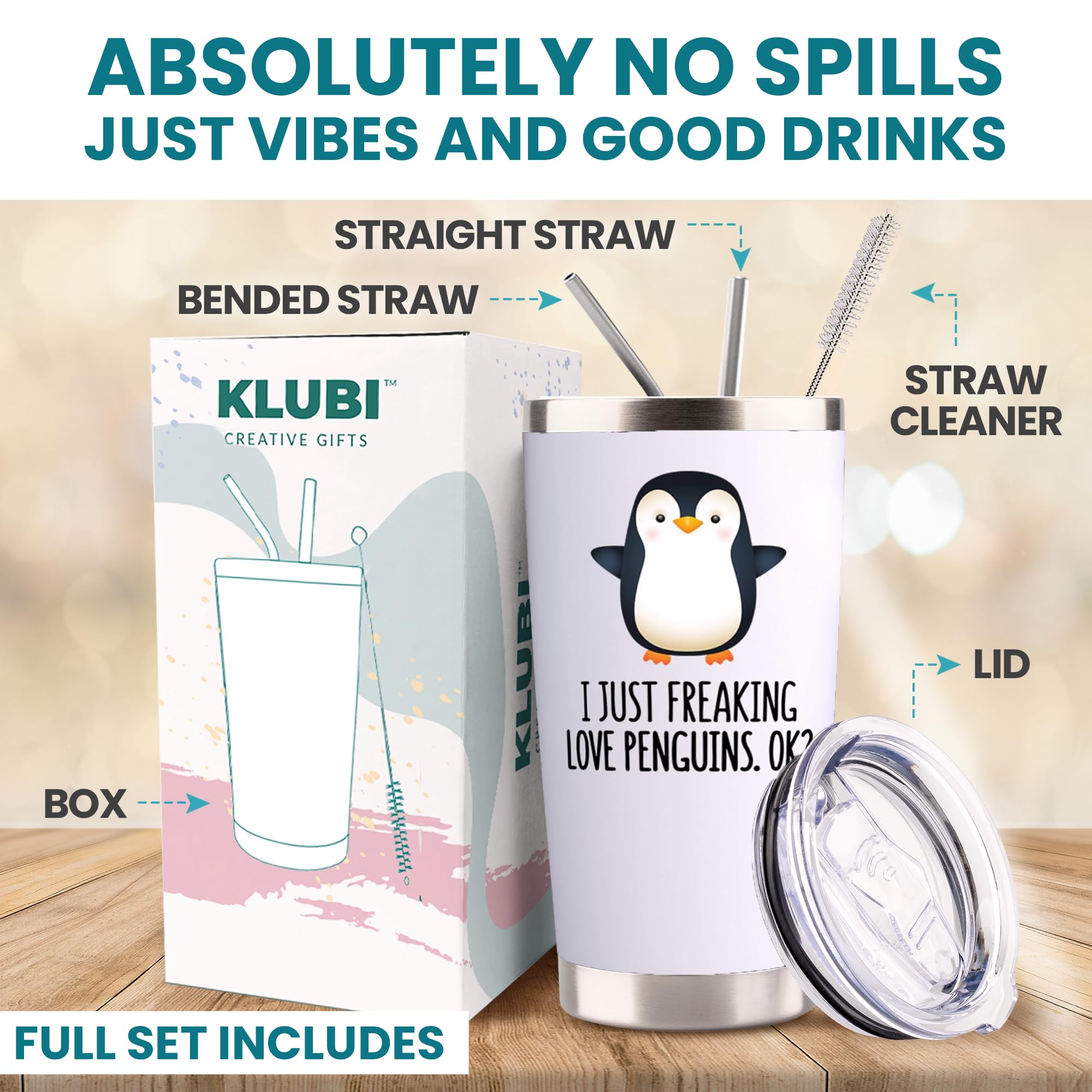 KLUBI 20oz Penguin Tumbler - Cute Penguin-Themed Stainless Steel Travel Mug with Lid & Straw | Perfect Christmas Gift for Women, Teachers, Penguin Lovers | Great for Office, Home, Travel & Holiday Gifting