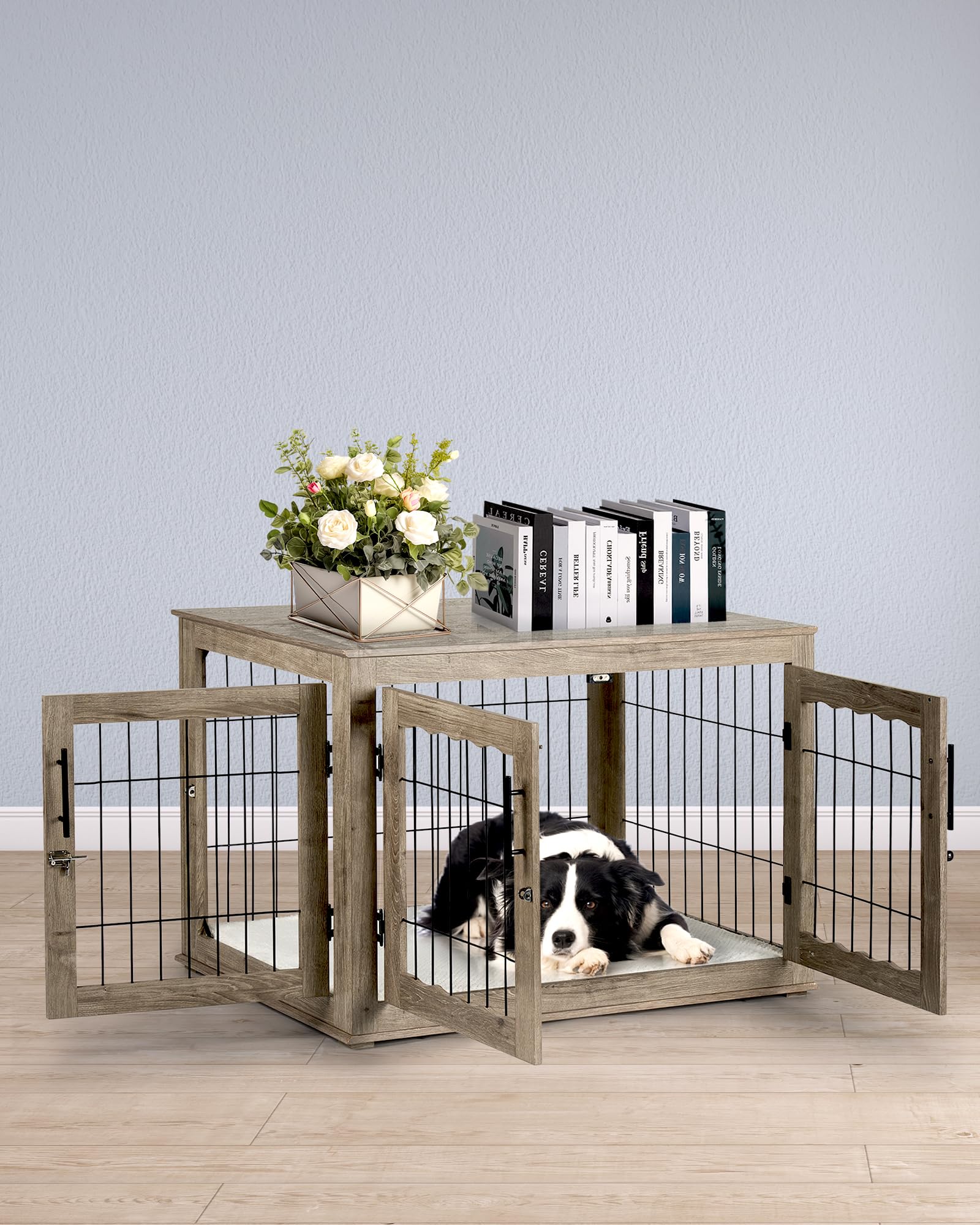 38 Inch Large Wooden Dog Crate Furniture - Heavy Duty Dog Kennel with Removable Bed Pad & 3 Doors - Stylish Greige End Table for Living Room, Bedroom & Office Spaces