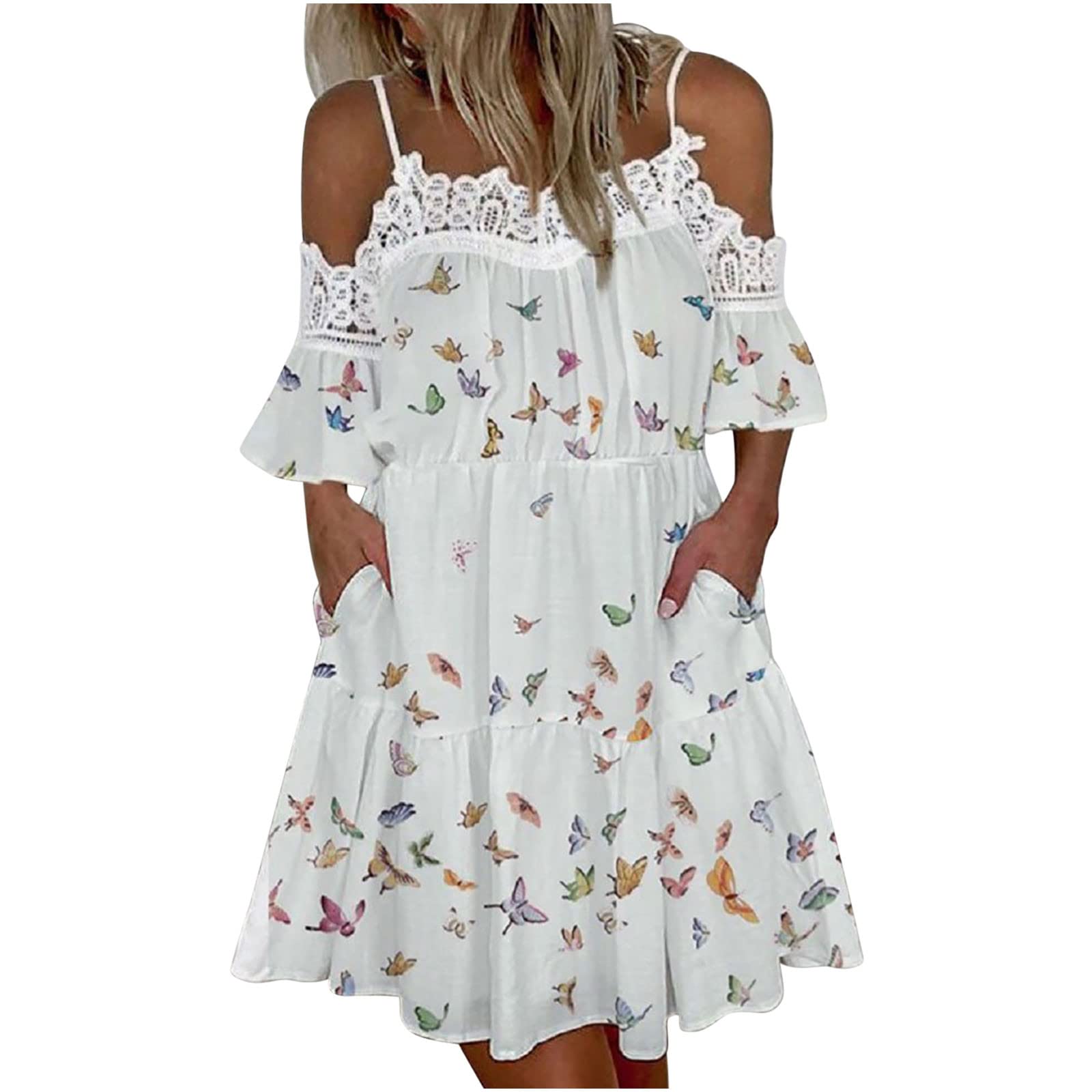 Women's Off-the-Shoulder Lace Midi Sun Dress - Flowy A-Line Summer Dress with Floral Lace Panels, Beach Wedding Guest Dress, Perfect for Vacations & Date Nights