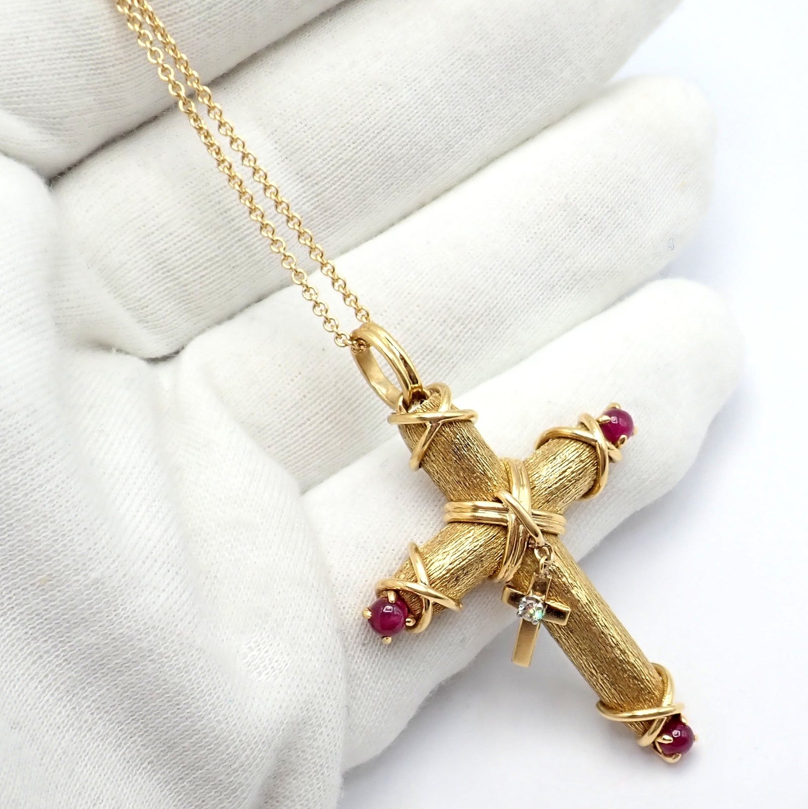 Tiffany & Co Schlumberger 18k Yellow Gold Ruby Diamond Cross 24