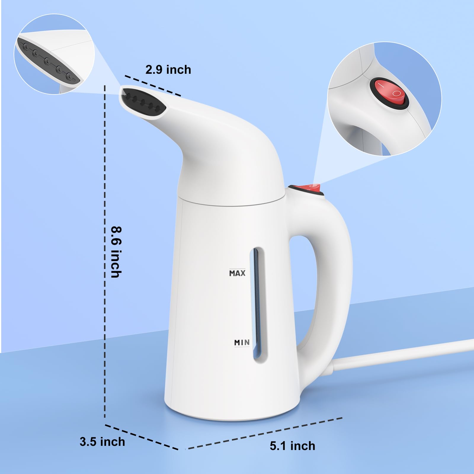 Portable Handheld Garment Steamer for Clothes - 230ml Mini Steamer with One-Button Design, Removes Wrinkles from All Fabrics, 12-Min Continuous Steam - Perfect for Travel, Home Use, and Quick Outfit Refresh Before Meetings or Events - White