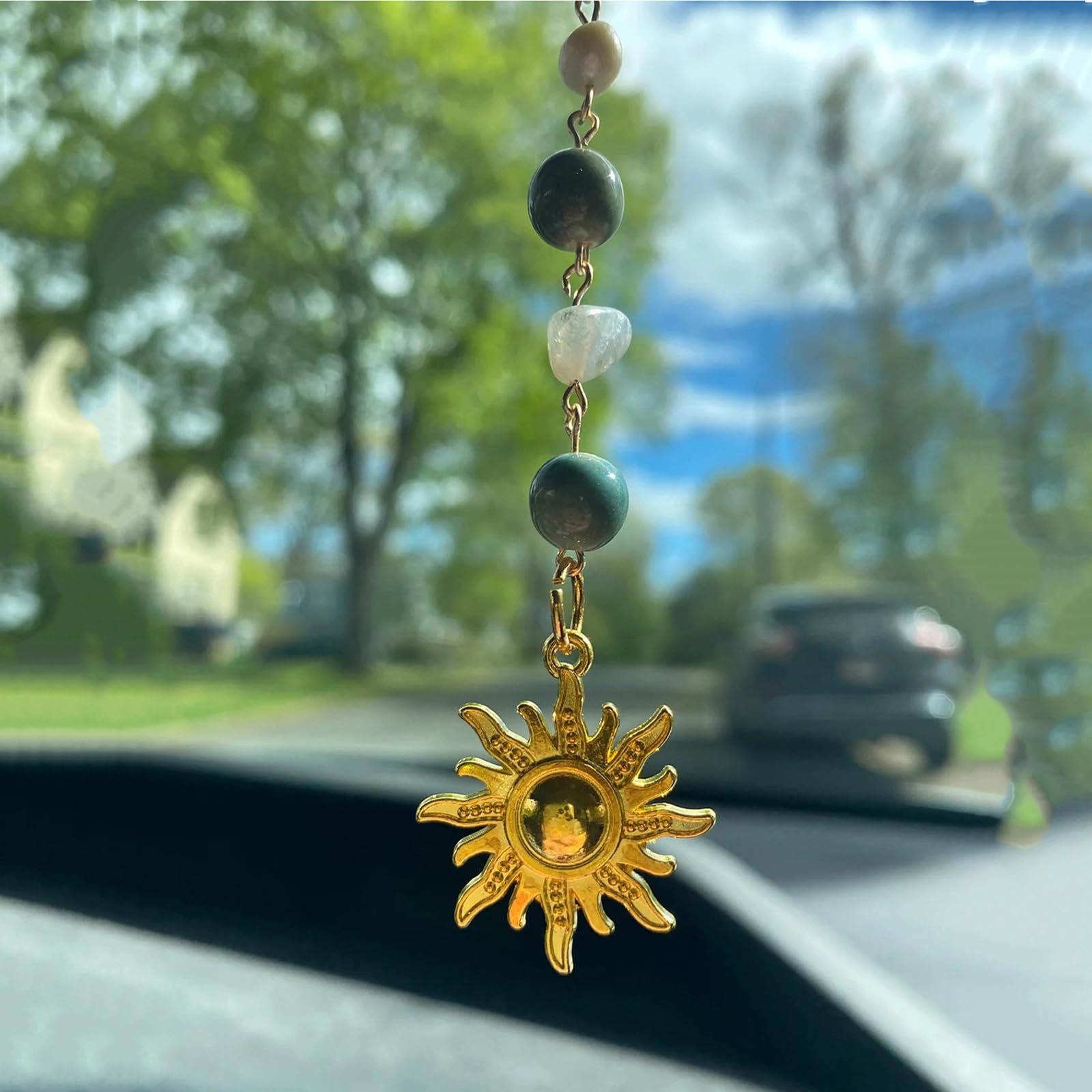 Handmade Boho Sun Hanging Car Charm - Green & Gold Healing Crystal Rearview Mirror Decor for Women & Men | Spiritual Car Accessory for Good Vibes & Positive Energy