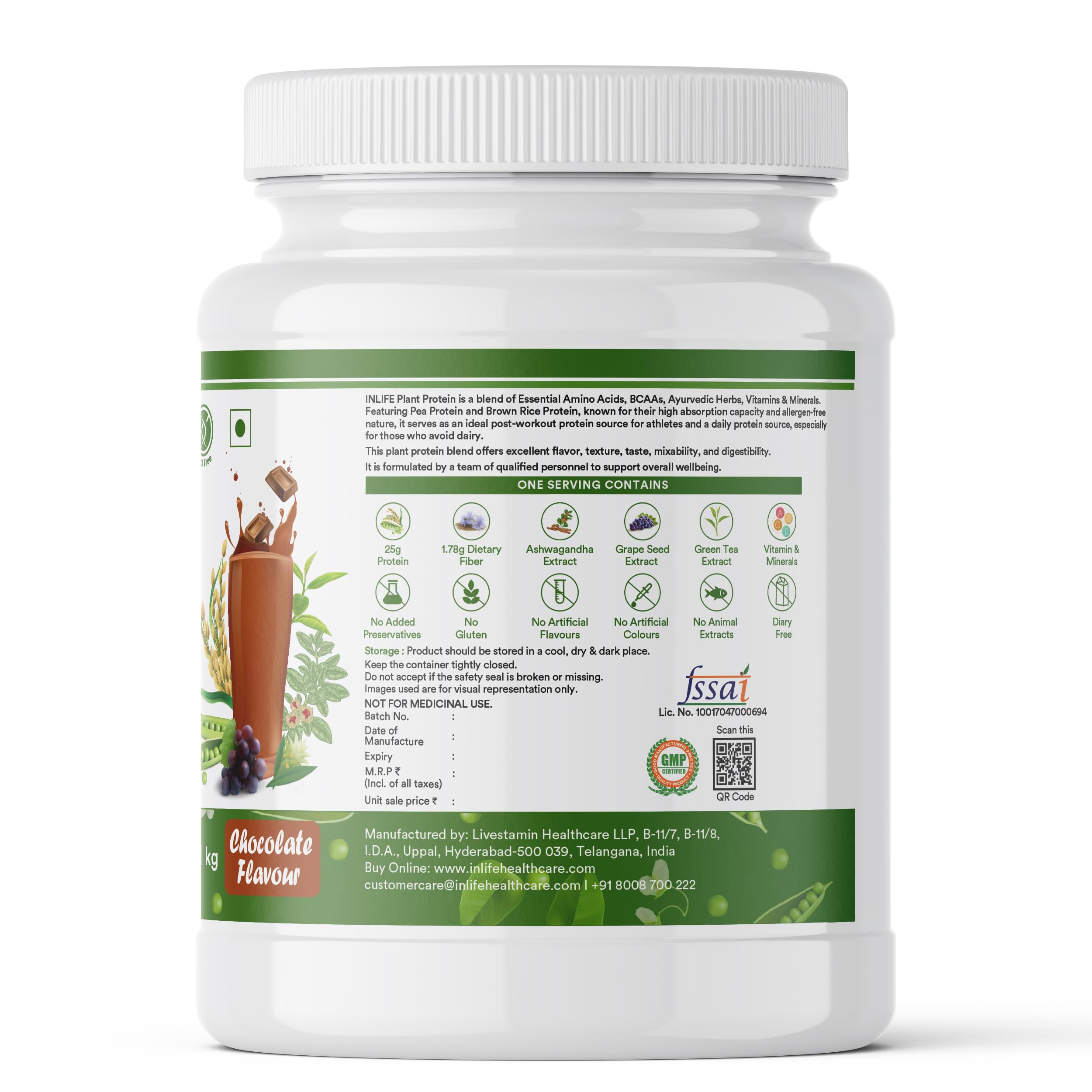 INLIFE Plant Protein Powder with Pea, Quinoa & Brown Rice - 25g Protein per Serving - Vegan Bodybuilding Supplement with Ashwagandha, Green Tea & Grape Seed Extract - Chocolate Flavor (1 kg) - Ideal for Post-Workout Recovery, Muscle Growth & Healthy Digestion