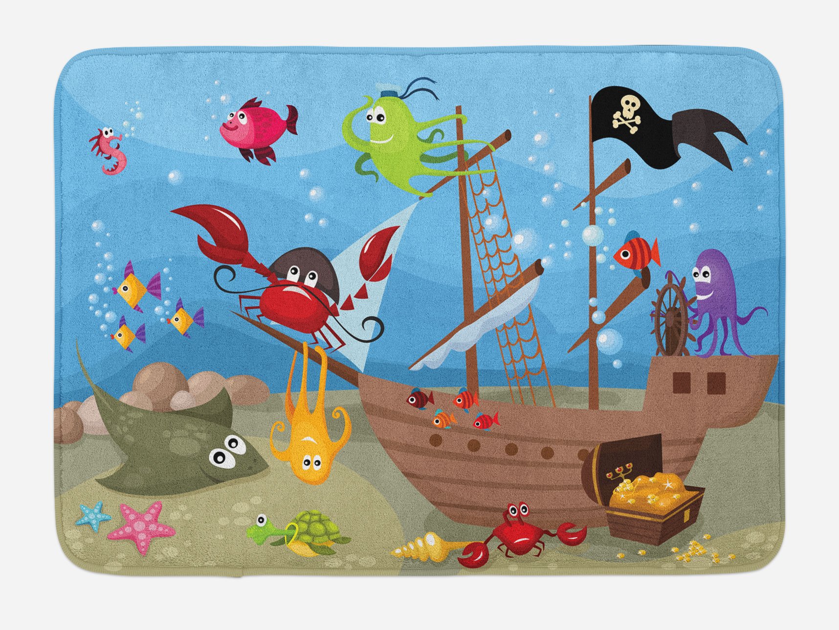 Ambesonne Non-Slip Pirate Bath Mat - Cartoon Ship Underwater Adventure with Sea Animals & Treasure Chest - Soft Plush Bathroom Rug 30