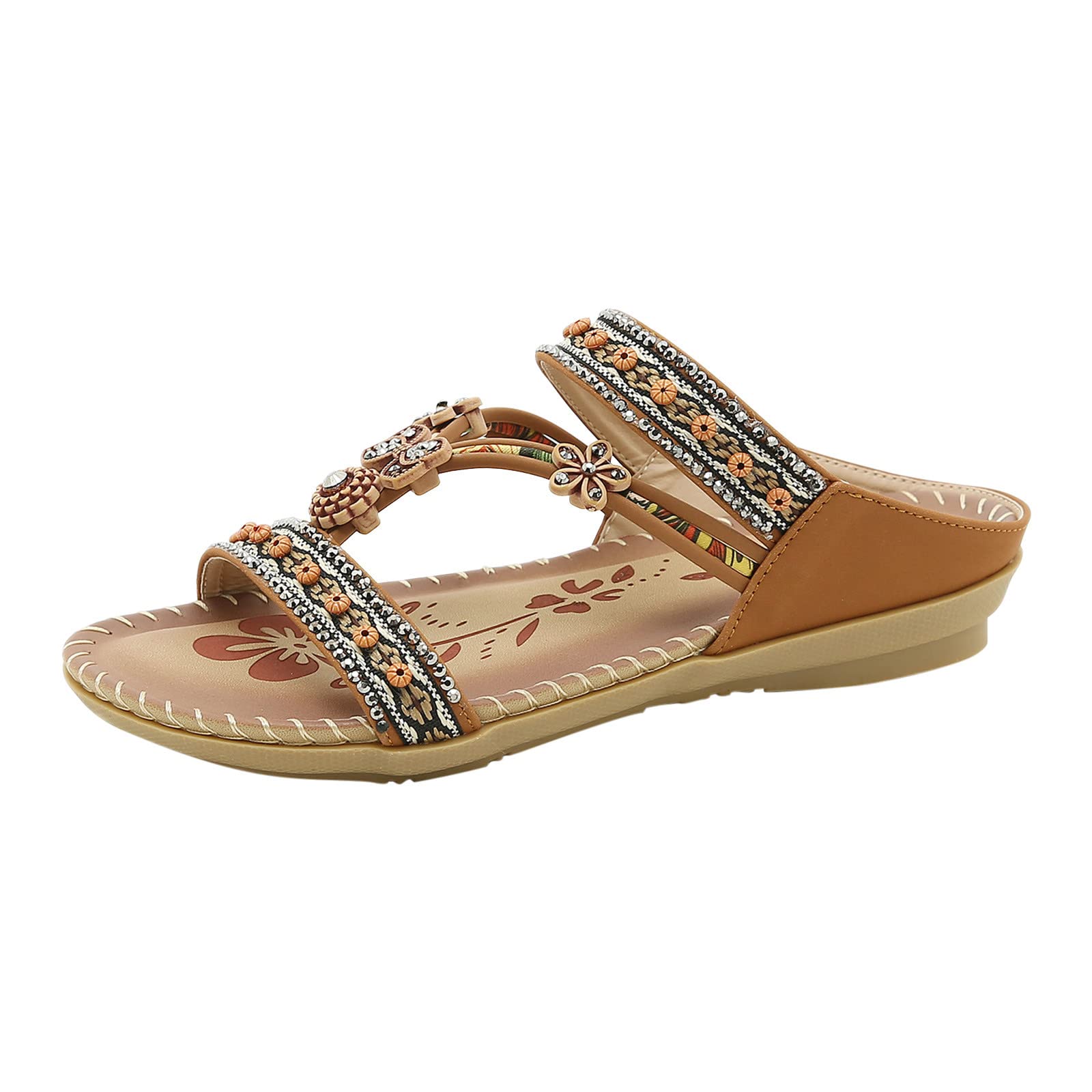 Women's Bohemian Flat Flower Rhinestone Sandals - Comfortable Beach Sandals for Summer - Perfect for Vacations, Outdoor Walks & Casual Outings