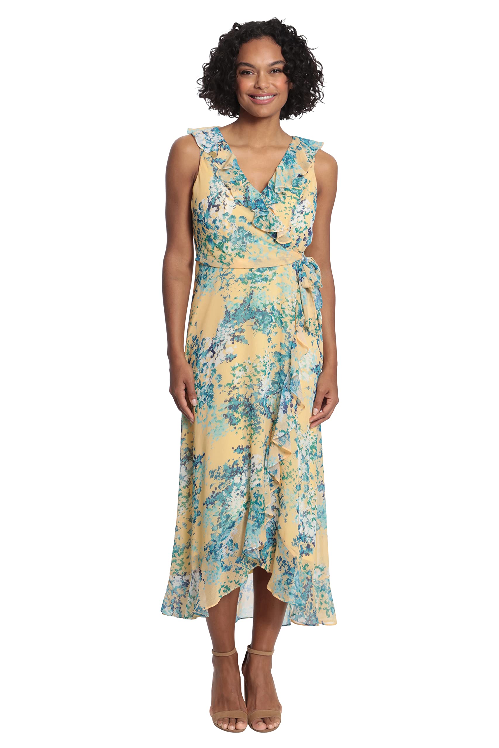 London Times Women's Ruffle V-Neck Faux Wrap Maxi Dress - Elegant Flowy Long Dress for Summer, Beach, Party & Special Occasions