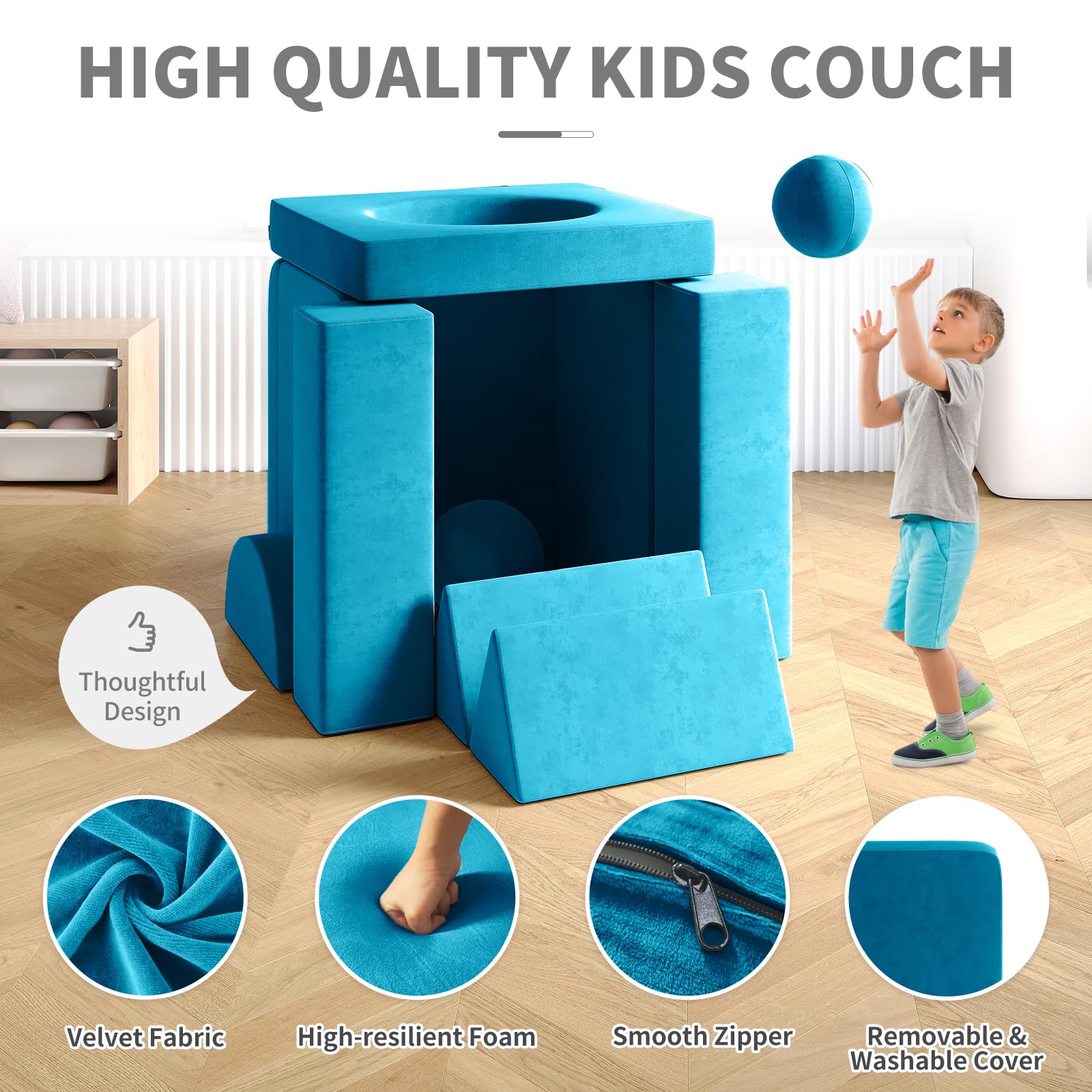 **12PCS Modular Kids Play Couch with 2 Balls & Tunnel – Foldable Toddler Sofa for Playroom, Kickball, Pitching & 30+ Creative Games – Indoor/Outdoor Fun (Blue)**    *(Use Cases: Perfect for playrooms, birthday parties, indoor forts, outdoor picnics, and imaginative play!)*