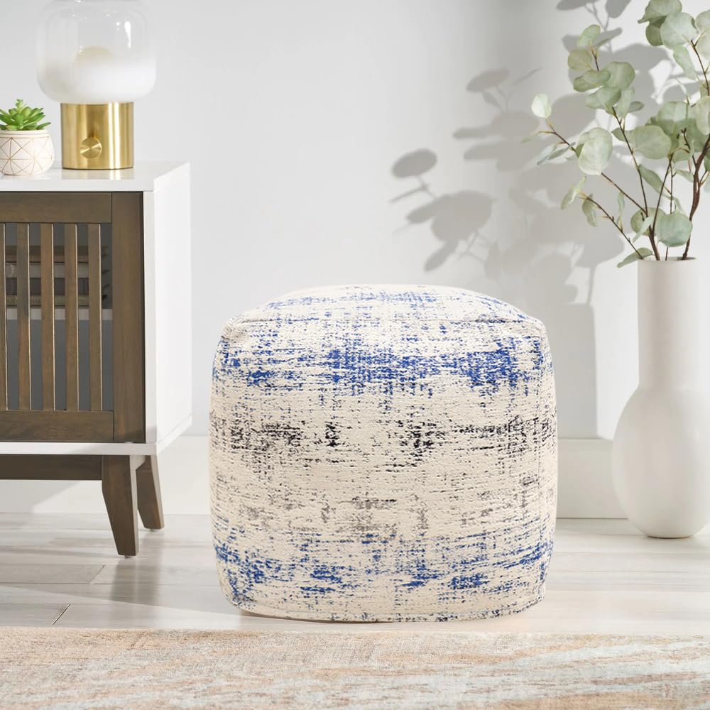 Pasargad Home Grand Canyon Distressed Cotton Pouf - Jacquard Woven Square Ottoman with Polly Beads Filling - 20x20x20 Inch Ivory/Blue Footrest & Lounge Seat - Luxury Living Room Decor for Sofa, Bedroom & Reading Nook