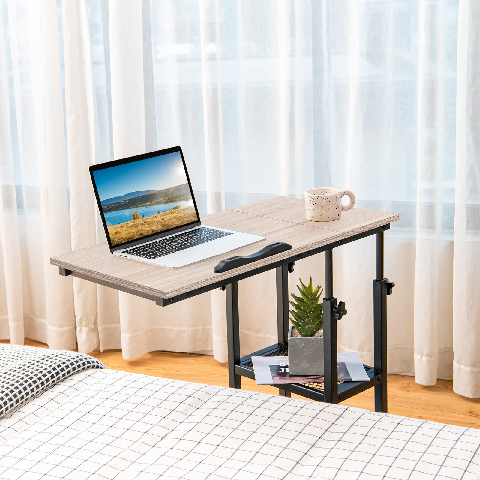 Tangkula Adjustable Height C-Shaped End Table with Lockable Wheels - Mobile Sofa Desk, Tiltable Tabletop, Storage Shelves - Perfect for Living Room, Bedside, Office & Snack Table