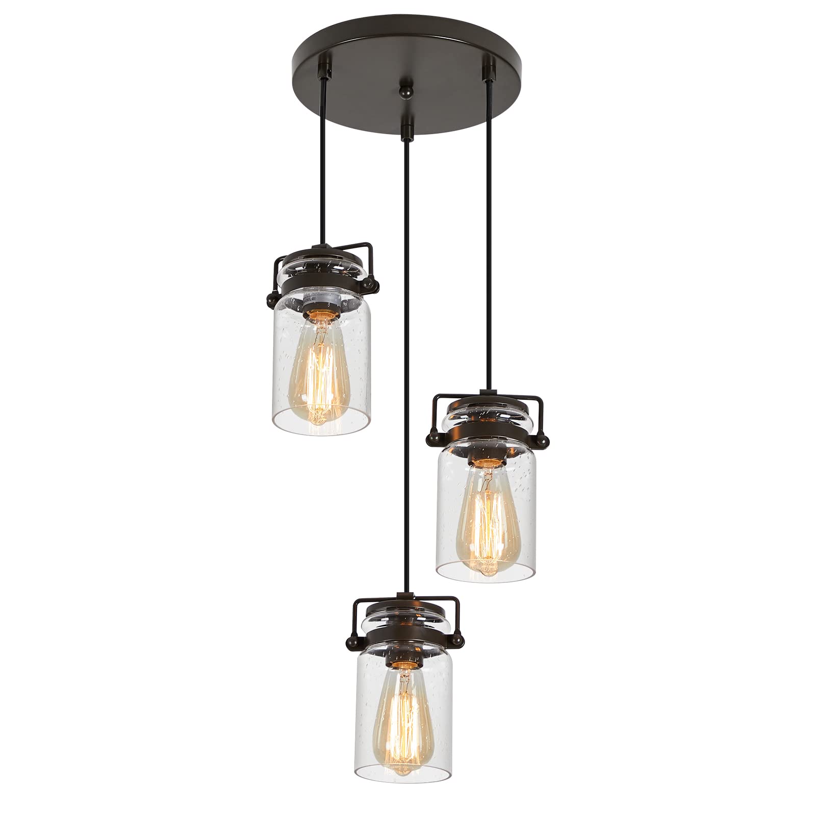 Vintage Industrial Glass Pendant Light Fixture - 3-Light Hanging Farmhouse Lighting with Seeded Glass Shades & Adjustable Cords - Perfect for Kitchen Island, Dining Room, Bedroom, and Living Room Decor