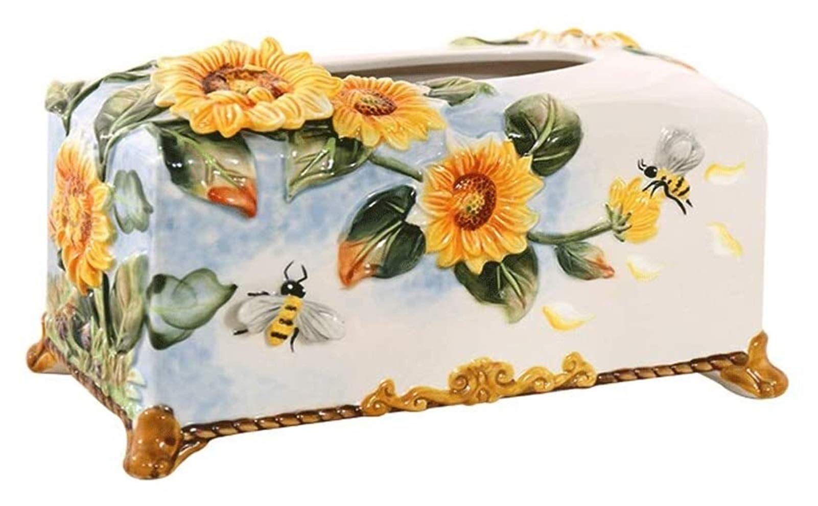 Sunflower Ceramic Tissue Box Cover - Rustic Embossed Porcelain Napkin Holder for Home Decor, Farmhouse Style Tissue Dispenser | Perfect for Living Room, Bathroom, and Kitchen Decor