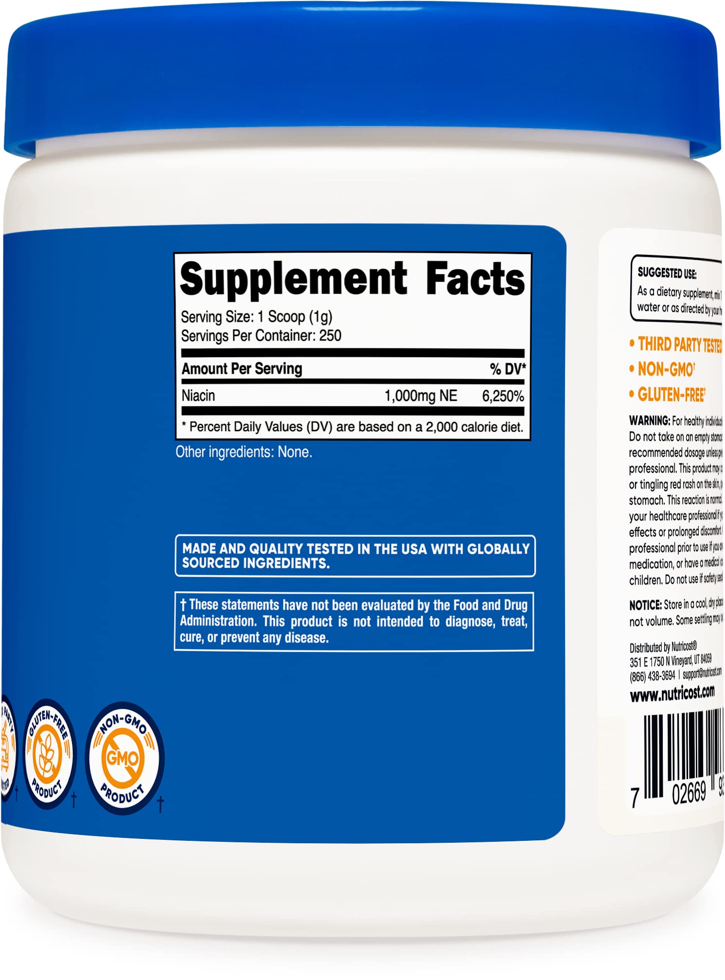 Nutricost Niacin Vitamin B3 Powder 250G (3 Pack) - 750 Grams - 1G Per Serving - Pure Niacin Powder Supplement for Energy, Skin & Heart Health - Perfect for Smoothies, Shakes & Baking