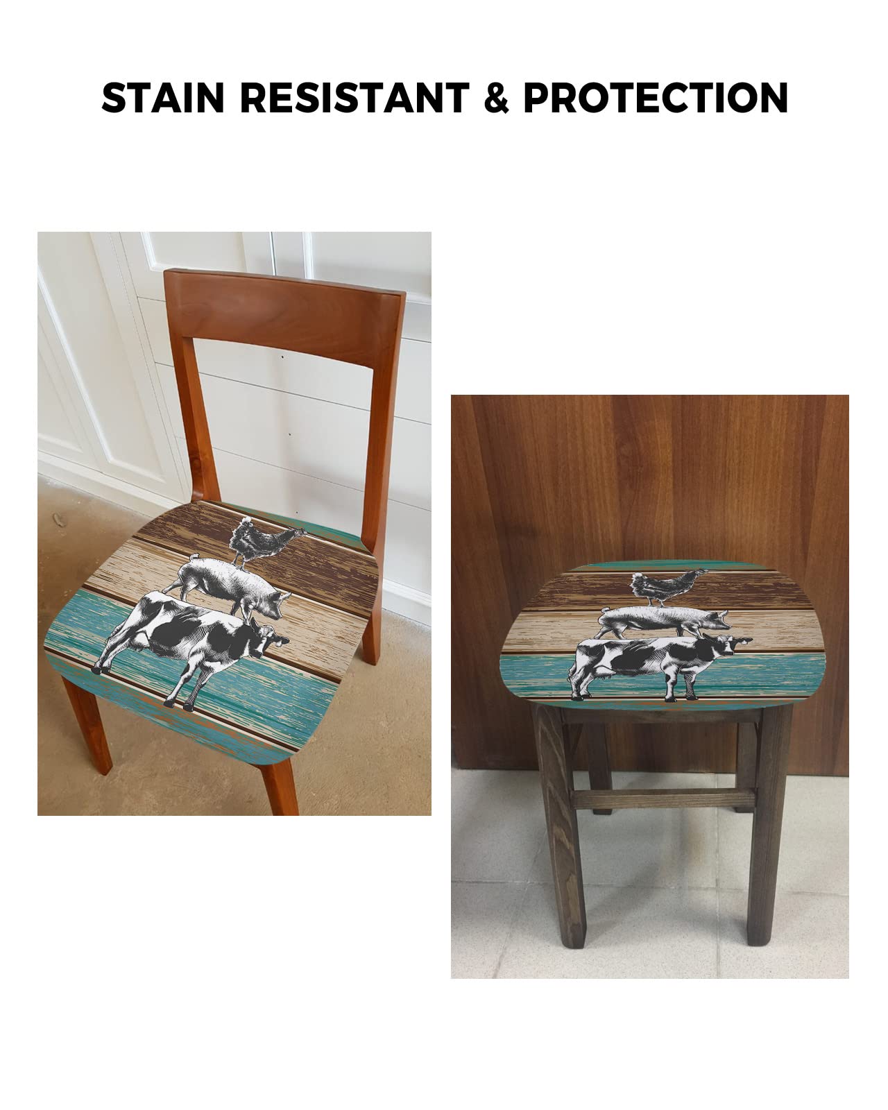 Stretch Chair Seat Cover Set of 2 - Washable Farm Animal Slipcovers (Chicken, Pig, Cow) for Kitchen & Dining Room Chairs - Rustic Wood Board Design, Removable Seat Protector - Perfect for Farmhouse Decor, Family Gatherings & Dinner Parties