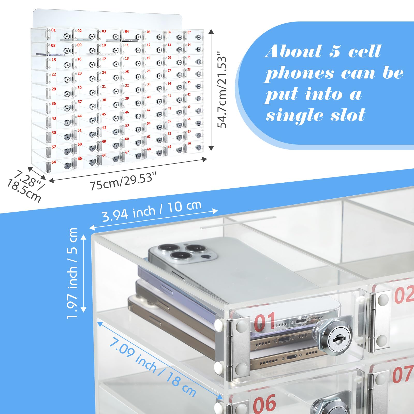 Clear Acrylic Phone Locker Box with Door Locks & Keys - Wall Mounted Cell Phone Storage Cabinet for Classroom, School, Office (33.46