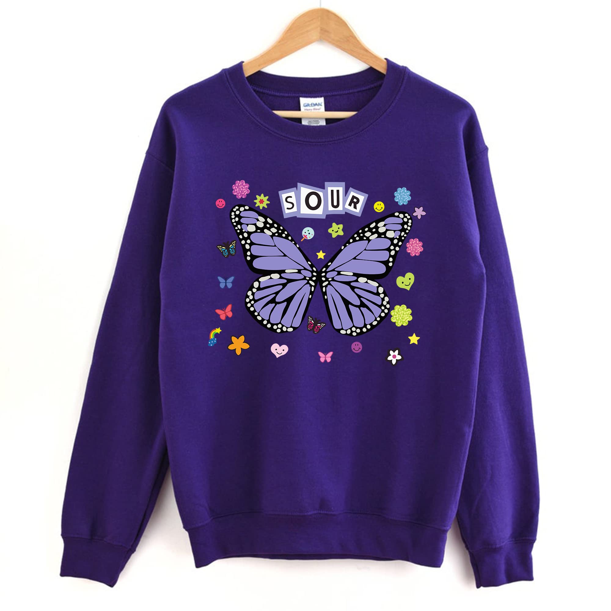 SO.UR Purple Butterfly Crewneck Sweatshirt - Olivia Rodrigo Merch | Vintage Inspired Sour Album Sweater for Women | Casual Streetwear, Concert Outfit & Fan Gift