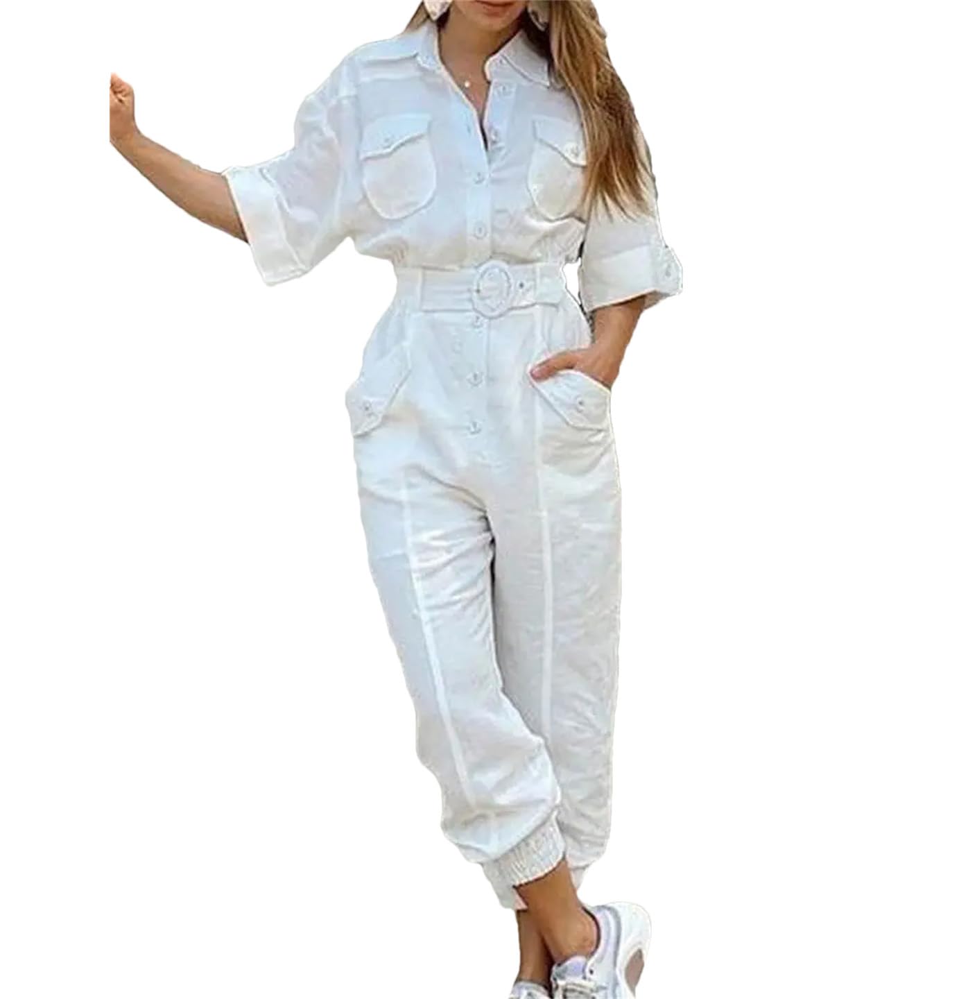 Stylish Women's Vintage Cargo Jumpsuit - Summer Short Sleeve Romper with Lapel for Work & Casual Wear | Perfect for Office, Outdoor Activities & Date Nights