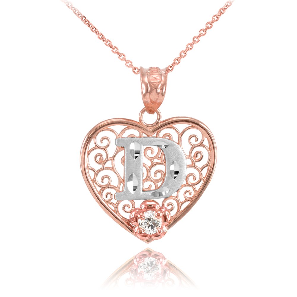10K Two-Tone White and Rose Gold Filigree Heart Pendant Necklace with CZ Flower Initial Letter - 18