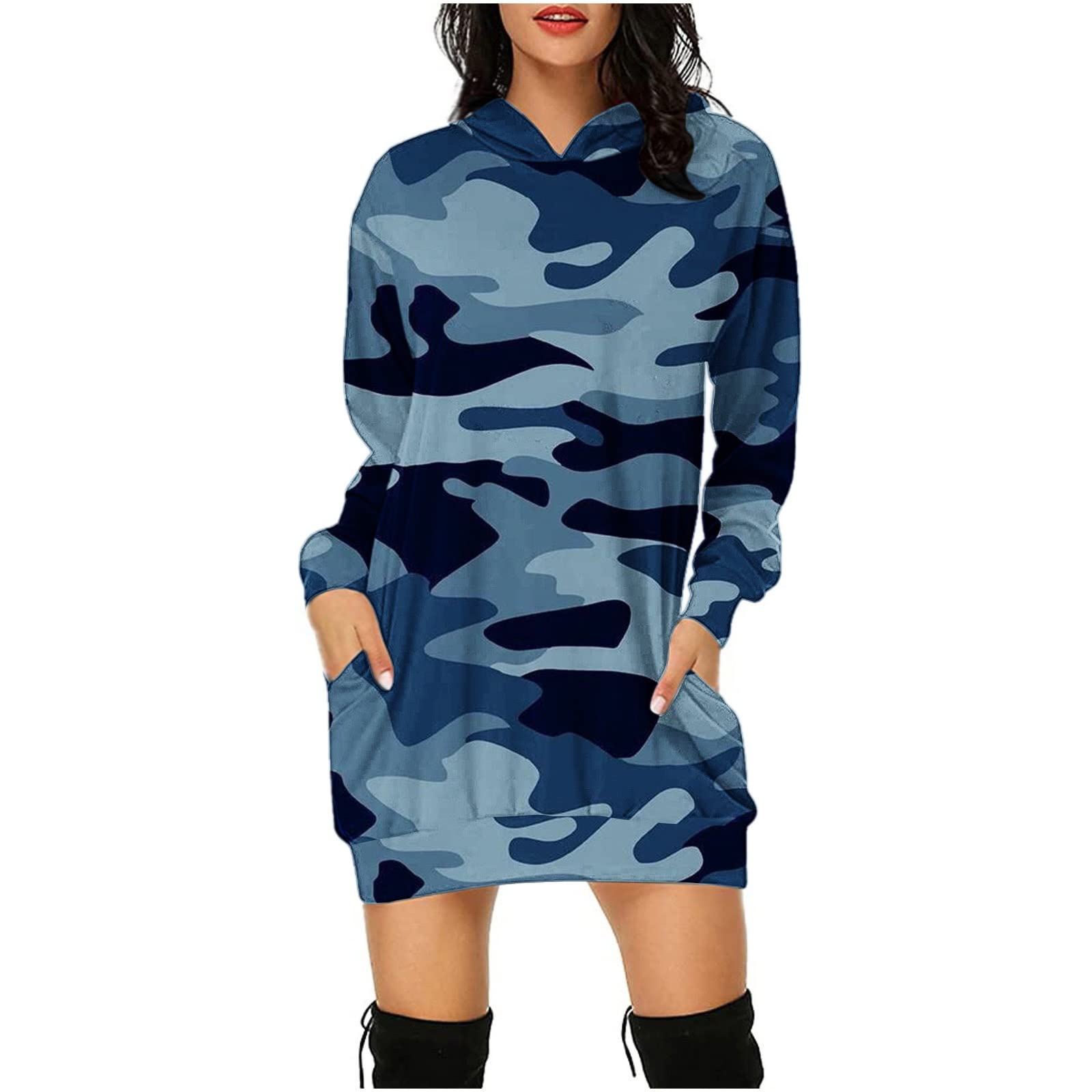 Lisgai Women's Casual Shift Pullover Dress - Camouflage Hooded Sweatshirt Dress with Long Sleeves & Pockets | Perfect for Streetwear, Fall Layering & Everyday Comfort