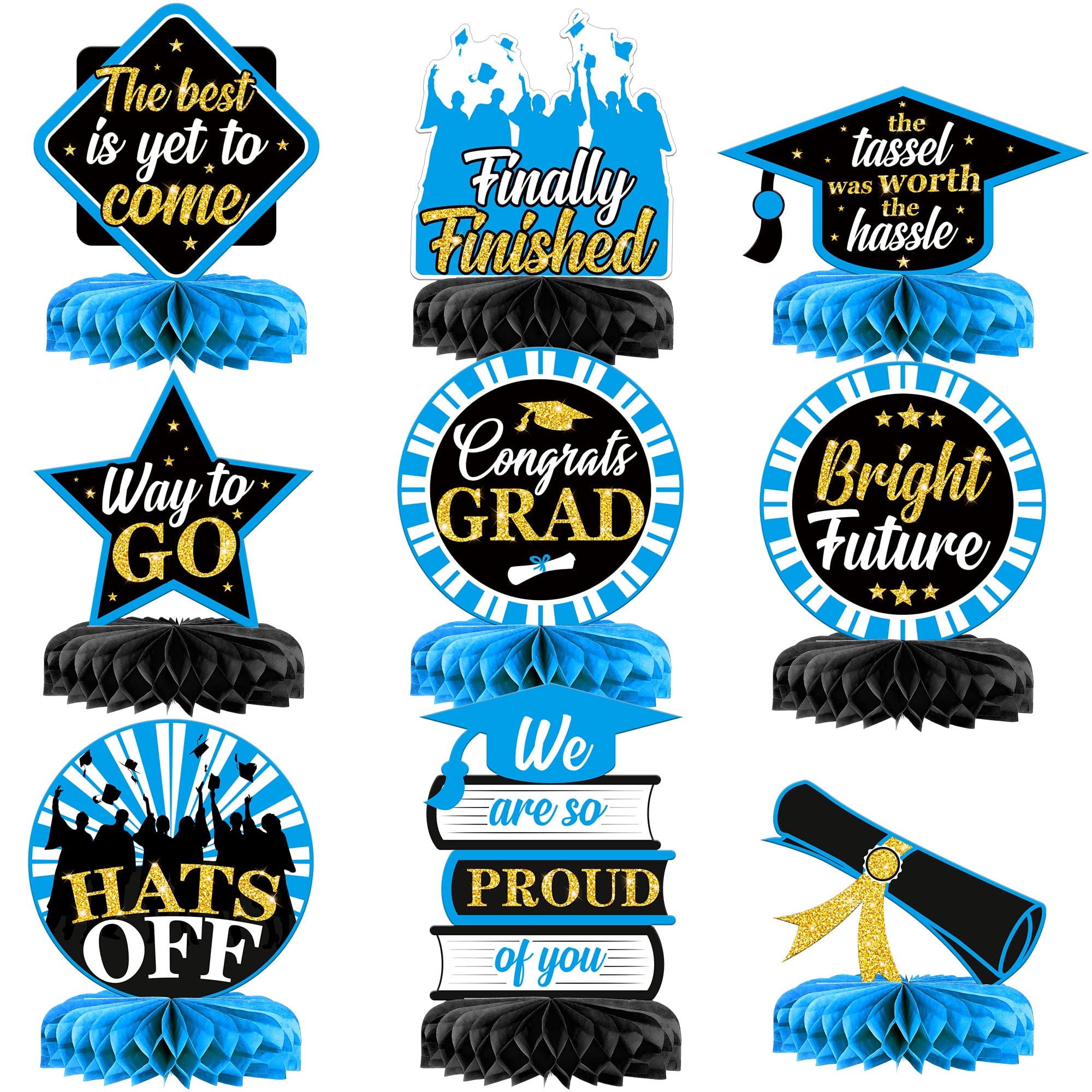 KatchOn 2025 Graduation Table Centerpieces - Pack of 9 Light Blue & Black Honeycomb Decor for Graduation Party, Class of 2025 Decorations | Perfect for Graduation Ceremony, Banquet, and Photo Backdrop Decor
