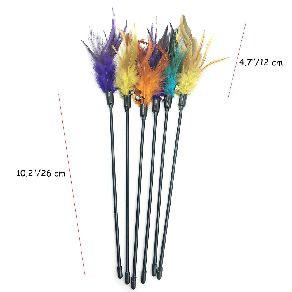 6 PCS Interactive Cat Wand Toys with Feathers & Bell - Fun Teaser Wand for Indoor Cats & Kittens - Perfect for Playtime, Exercise & Bonding