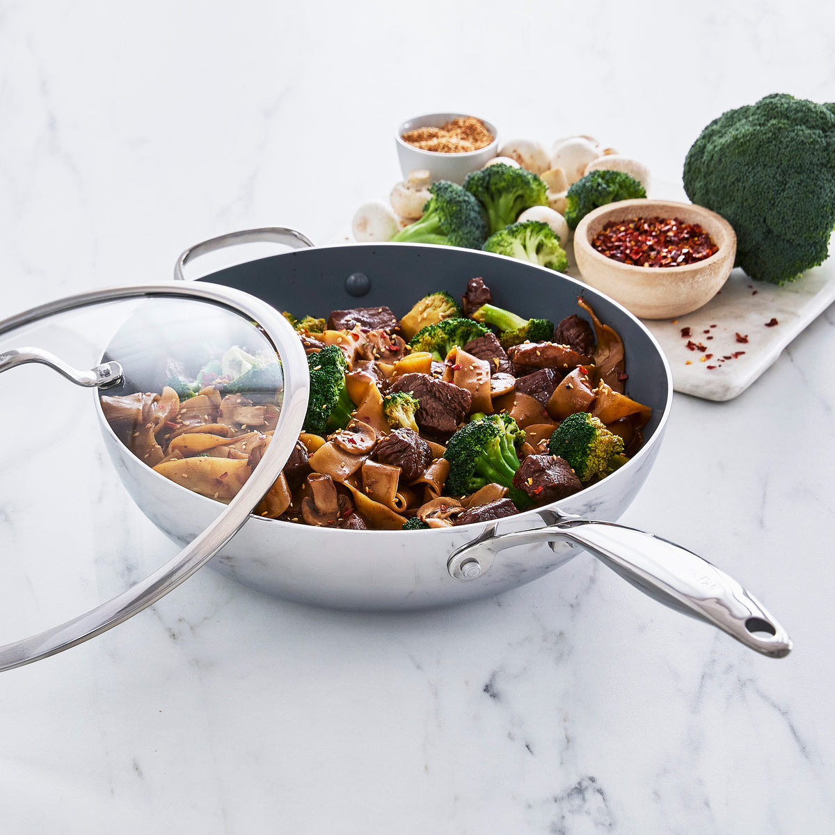 Valencia Pro 12-Inch Stainless Steel Wok with Glass Lid - Professional Stir Fry Pan for Asian Cooking, Home Kitchen & Restaurant Use