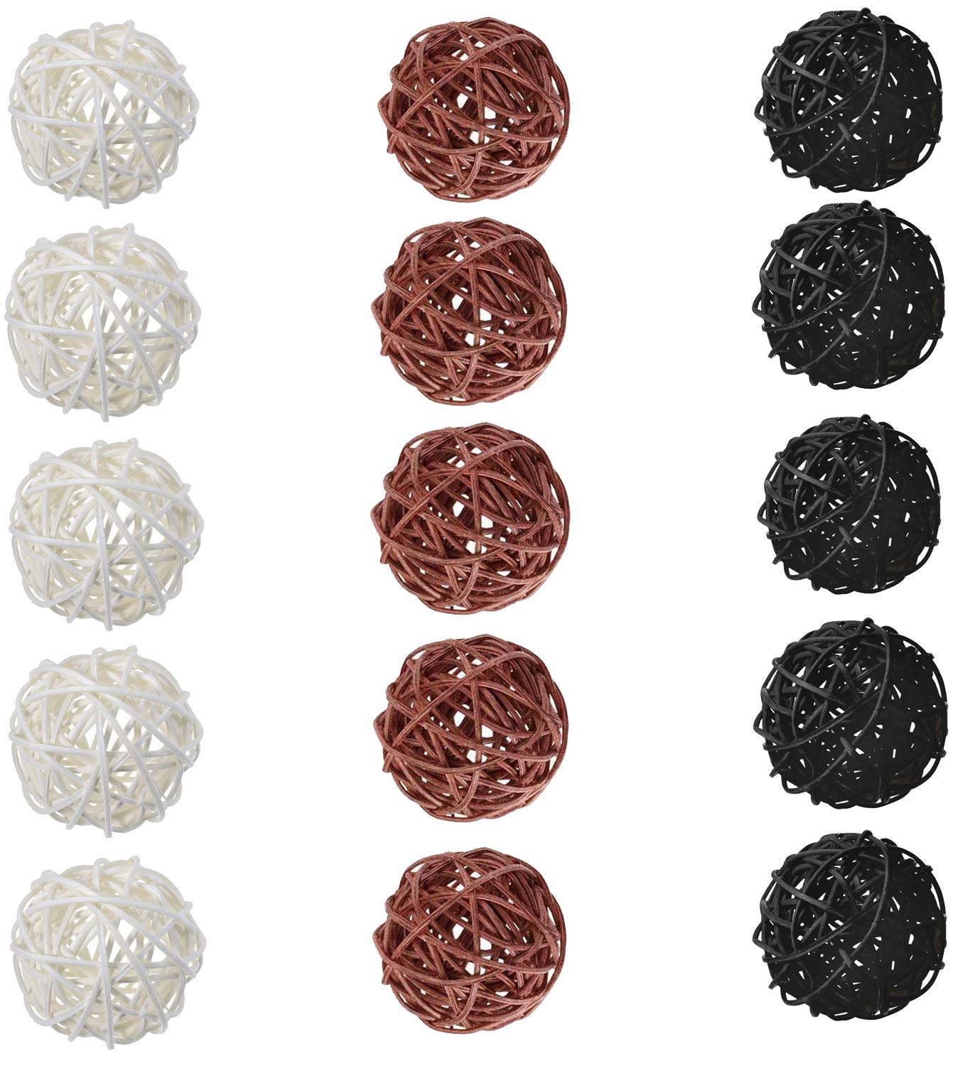 15PCS Mixed White Black Brown Rattan Balls - 2 Inch Wicker Decorative Orbs for Vase Fillers, Table Centerpieces, Wedding & Home Decor
