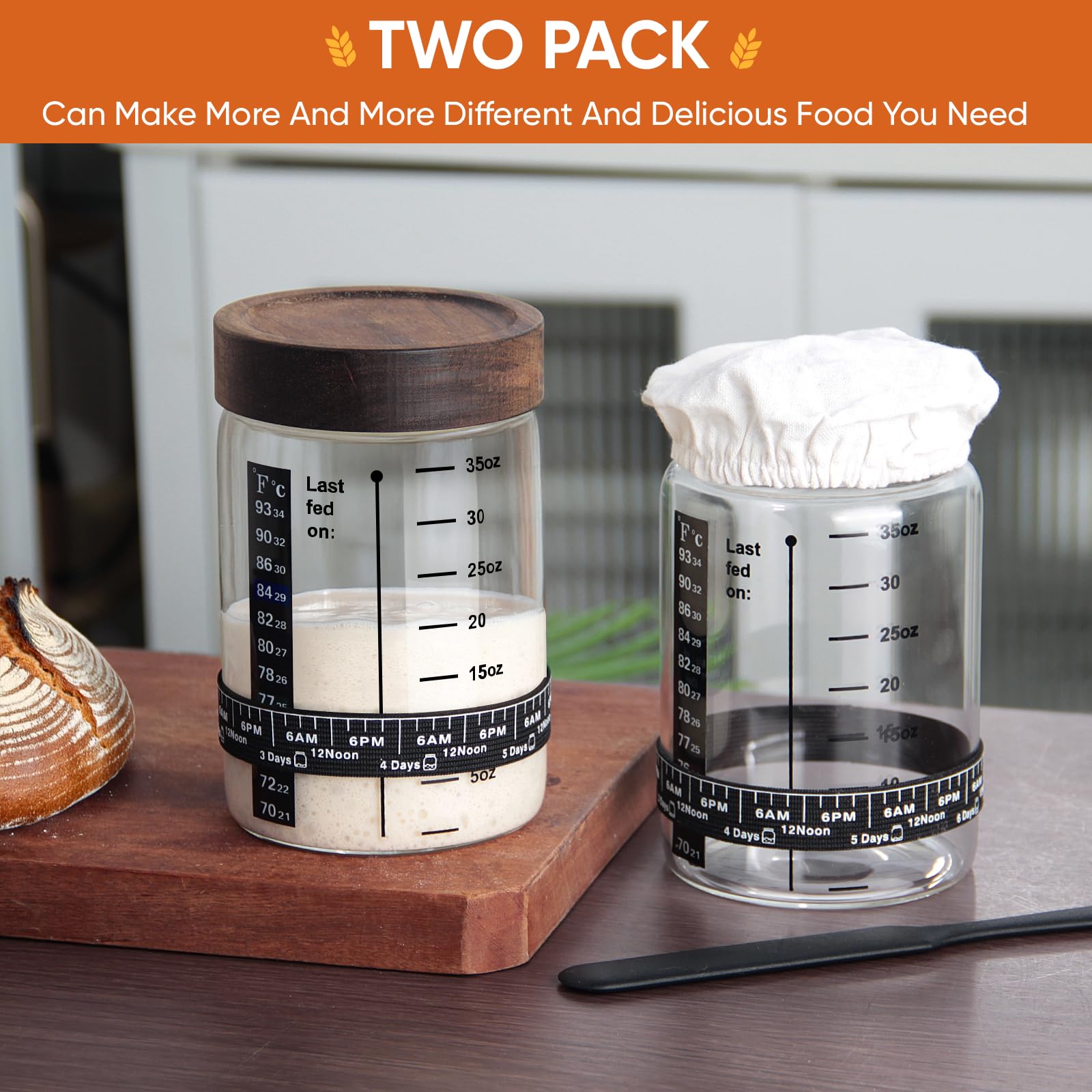77L 35OZ Sourdough Starter Jars (2-Pack) - Premium Bread Baking Kit with Glass Jars for Homemade Sourdough - Perfect for Artisan Bread Making & Fermenting at Home