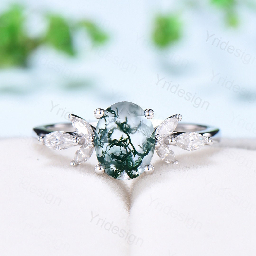 1.5CT Oval Natural Moss Agate Engagement Ring with Diamond Accents | Vintage Art Deco Wedding Band | Green Crystal Anniversary Jewelry for Women | Perfect for Proposals, Weddings & Special Occasions