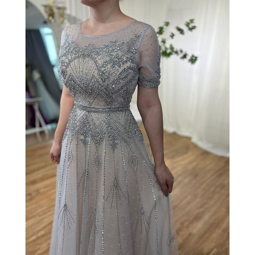 Elegant Grey O-Neck Short Sleeve A-Line Evening Dress 2025 - Luxury Beaded Mother of the Bride Party Gown LA72102 | Perfect for Weddings, Galas & Formal Occasions