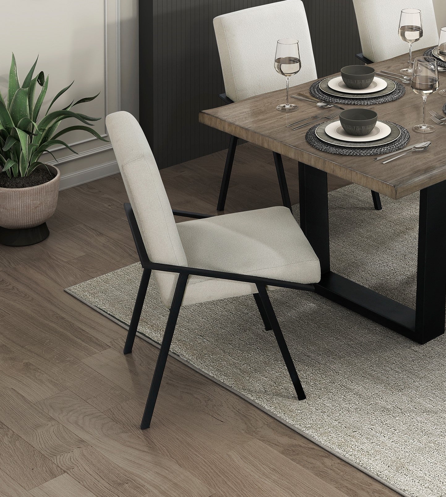 Modern Black Metal Base Cream Fabric Upholstered Dining Chairs Set of 2 - Contemporary Side Chairs for Kitchen, Dining Room & Office Seating