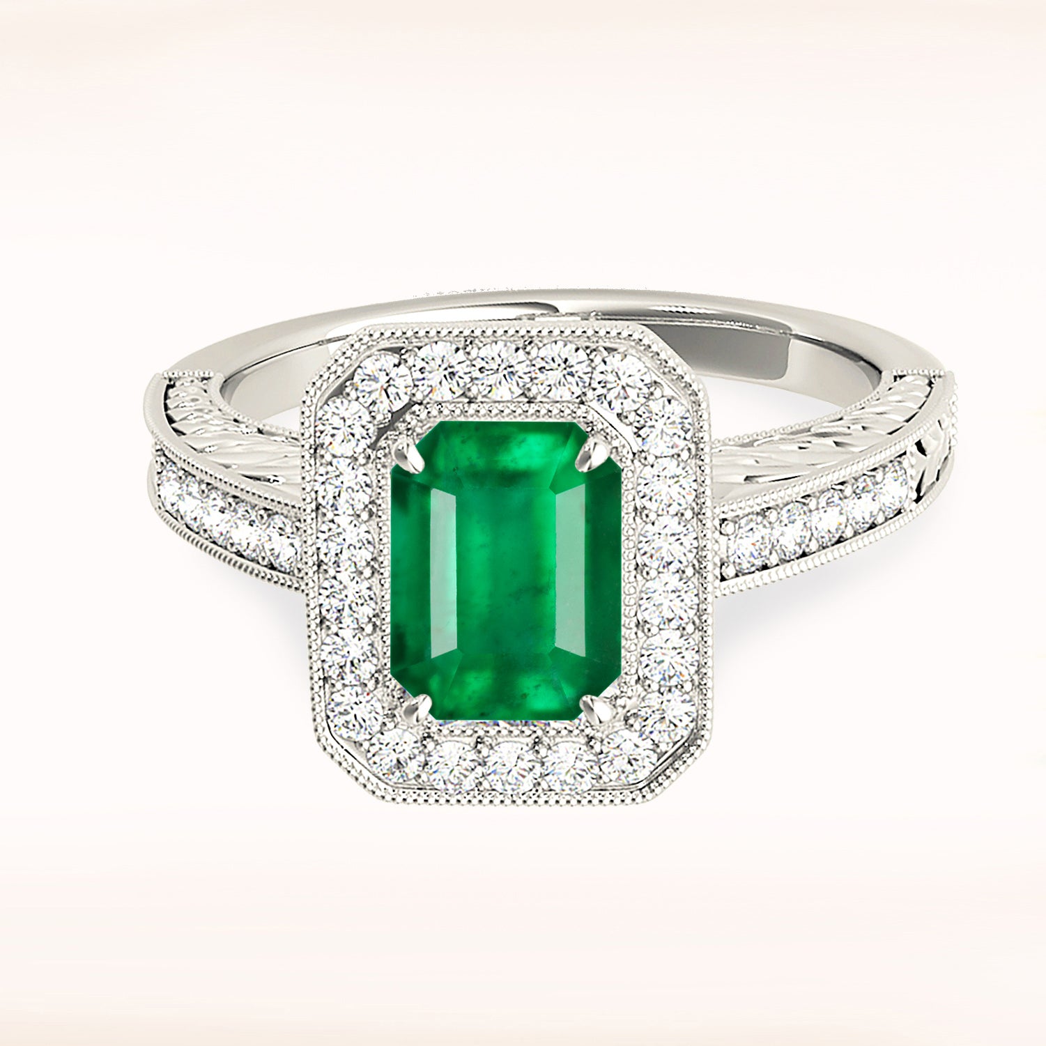 1.00 Carat Genuine Emerald Ring with Channel Set Diamond Halo - Elegant Engagement & Wedding Jewelry for Women