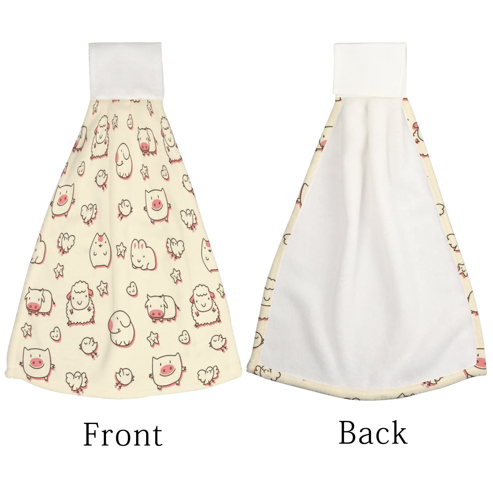 Super Absorbent Kitchen Hanging Hand Towels Set of 2 - Cute Cartoon Animal Design in Beige & Pink | Soft Bathroom Towels with Loop for Easy Hanging | Machine Washable | Perfect for Kids' Rooms, Bathrooms & Kitchen Decor