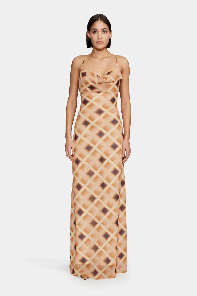 Elegant Remy Caramel Check Cowl Neck Strappy Maxi Dress for Women - Perfect for Weddings, Parties & Summer Vacations